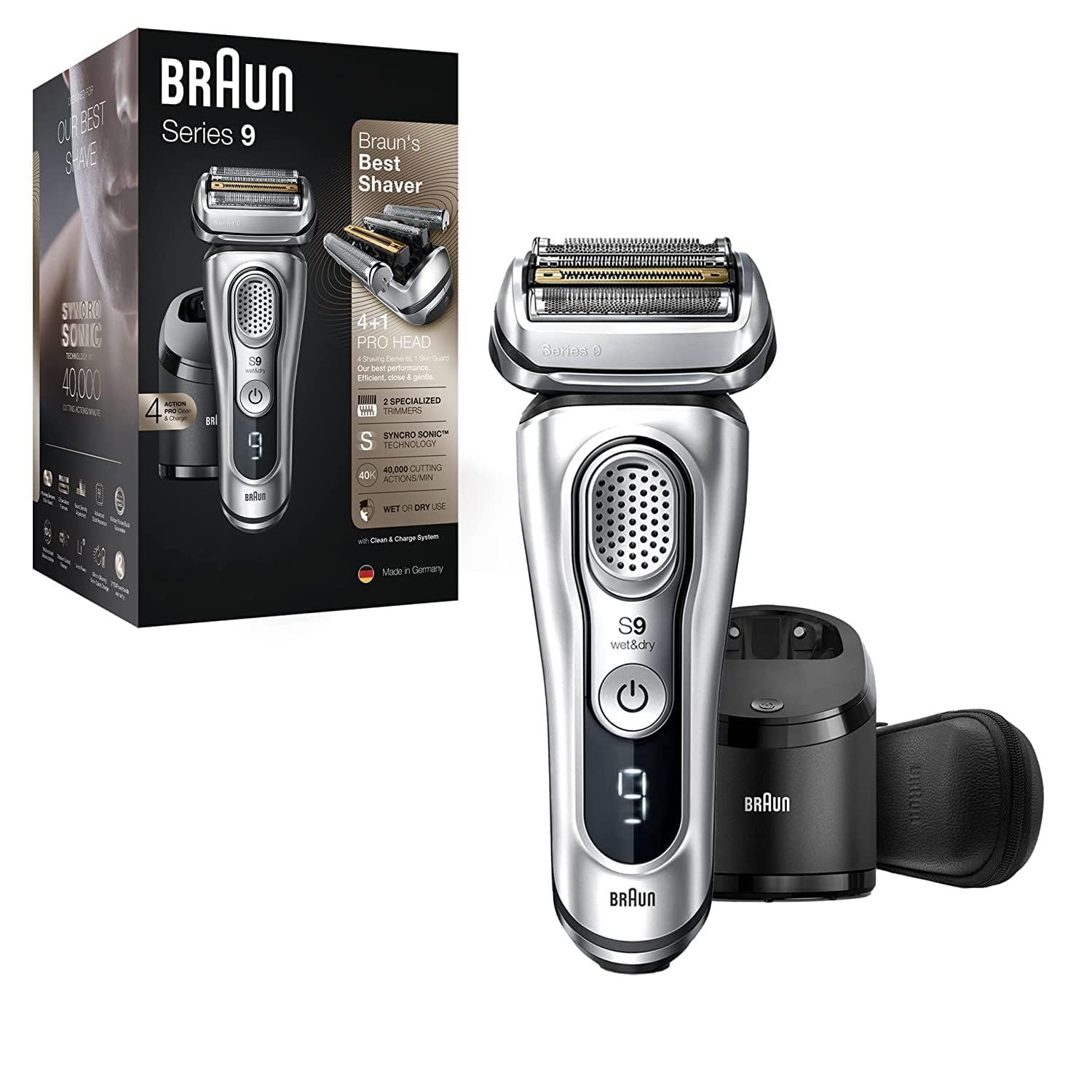 BraunElectric Razor for Men, Waterproof Foil Shaver, Series 9 9390cc, Wet & Dry Shave, with Pop-Up Beard Trimmer for Grooming, Cleaning & Charging SmartCare Center and Leather Travel Case, SilverGreenCircle Certified: Certified Energy Savings