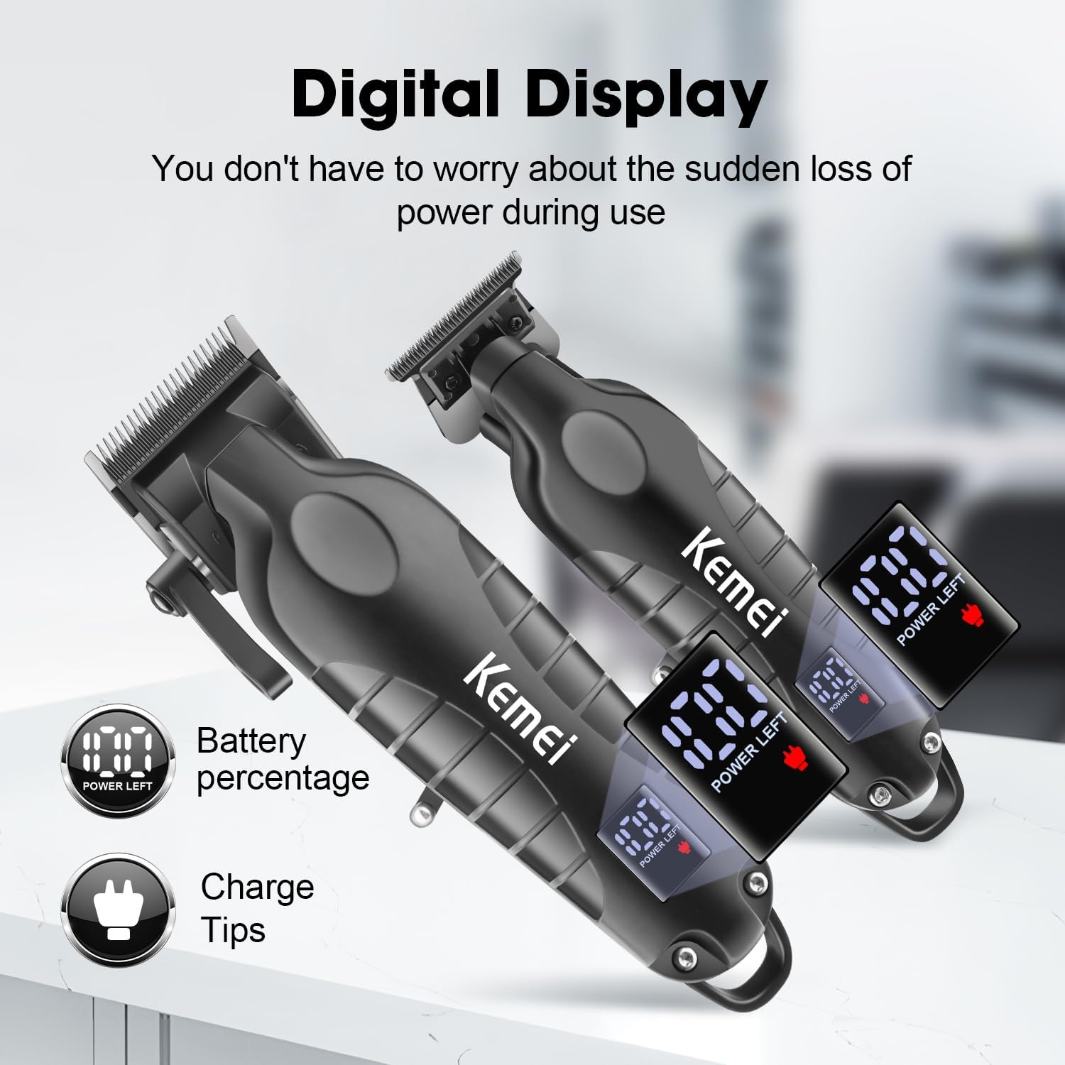 KEMEI clipper and trimmer with digital display showing battery percentage
