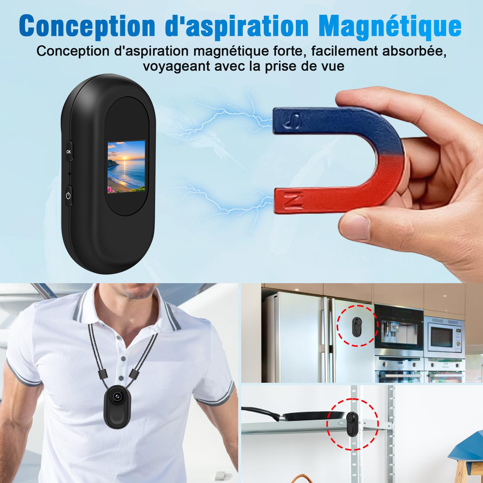 Mini Caméra d'action 1080P, Portable Caméra Sport étanche avec Vision Nocturne, Caméra Moto Magnétique IPX4, Kit Casque/Vélo/Moto, Écran LCD + Pince 360°, Grand Angle de 150°