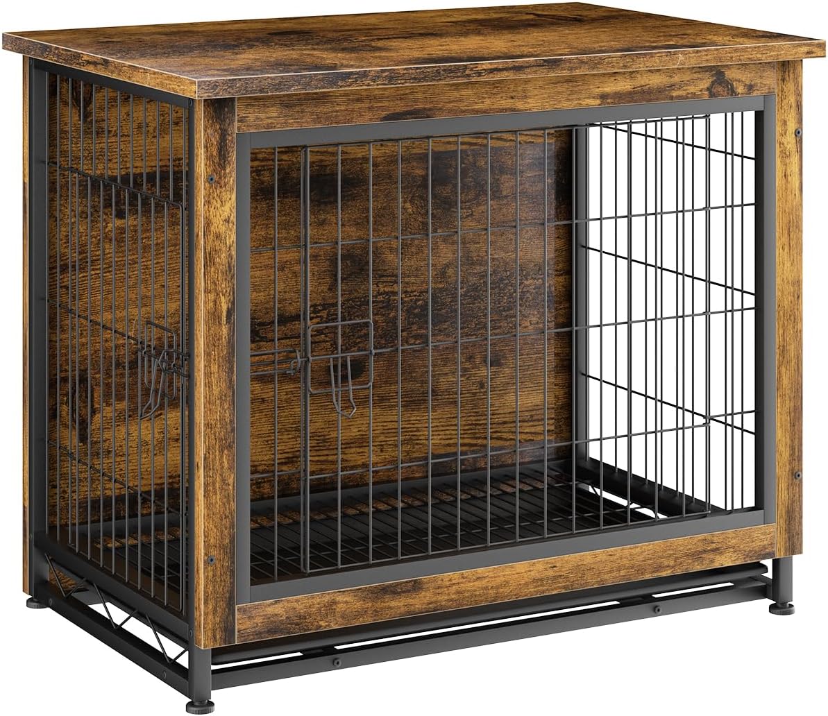 JY QAQA Dog Crate Furniture, Wooden Dogs Crate Table, Double-Doors Dog Furniture, Indoor Dog Kennel, Dog House, Dog Cage/Brown/S