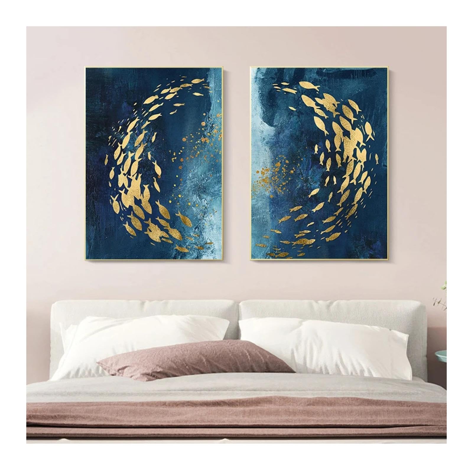 Cuadros dorados decorativos para sala de estar y pasillo en lienzo azul elegante 8