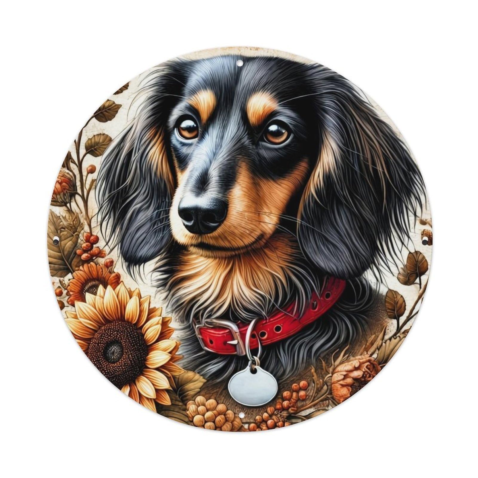 Dog Sunflower Autumn Leaves Collar Vintage Round Tin Sign Retro Metal Wall Decor Metal Poster, Home Bar Garage Cafe Wall Art Decoration 8x8Inches
