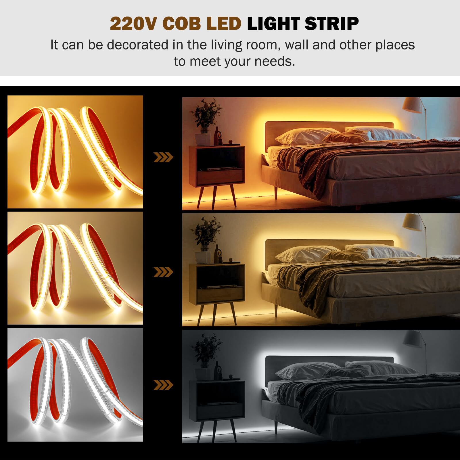 Tira LED COB 220V autoadhesiva [50M, Blanco cálido 3000-3500K], IP65 impermeable flexible, 240 LEDs/m tira LED cortable CRI85+, iluminación decorativa para hogares y tiendas