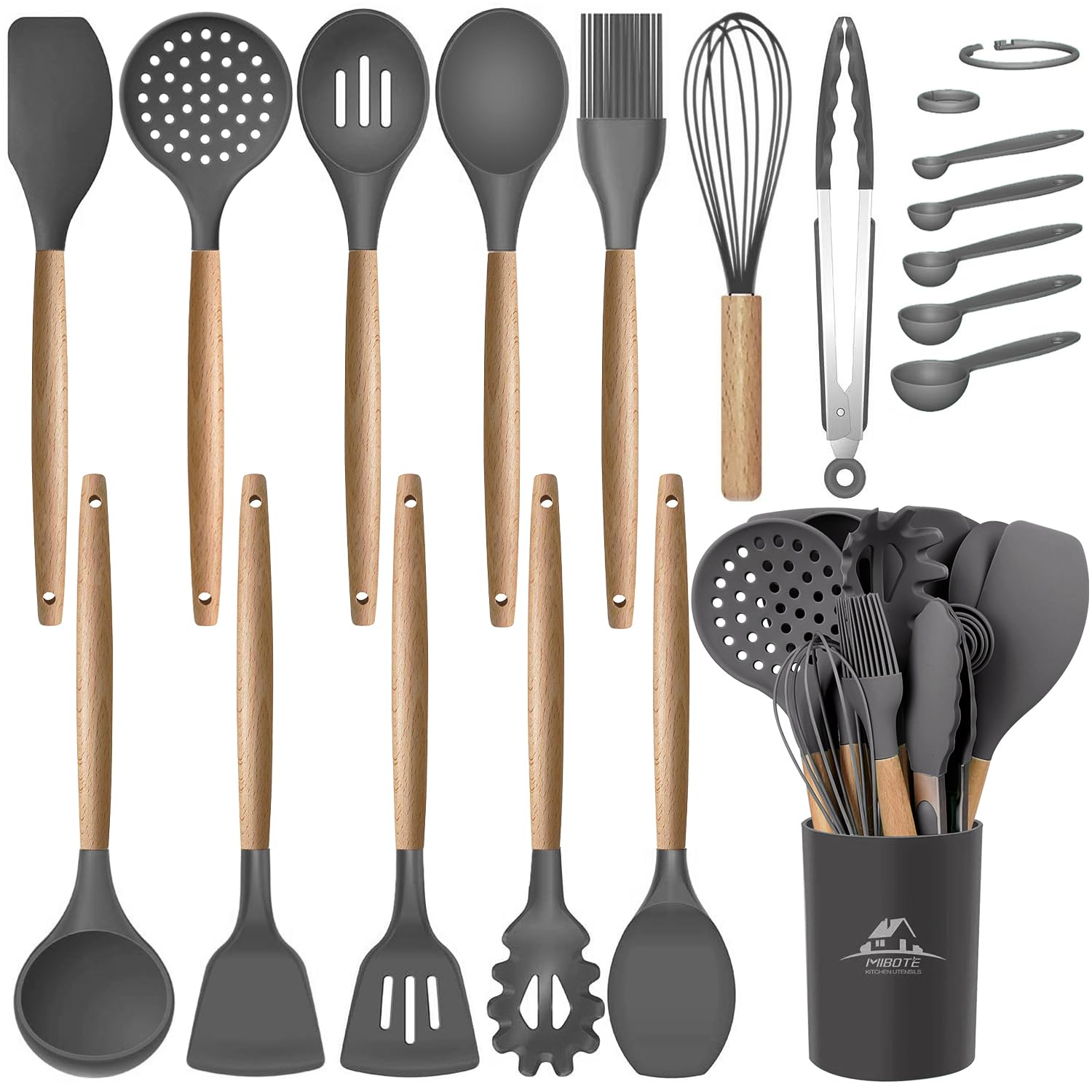 MIBOTE 17 Pcs Silicone Cooking Kitchen Utensils Set with Holder, Wooden Handles Silicone Turner Tongs Spatula Spoon Kitchen Gadgets Utensil Set for Nonstick Cookware (Grey)