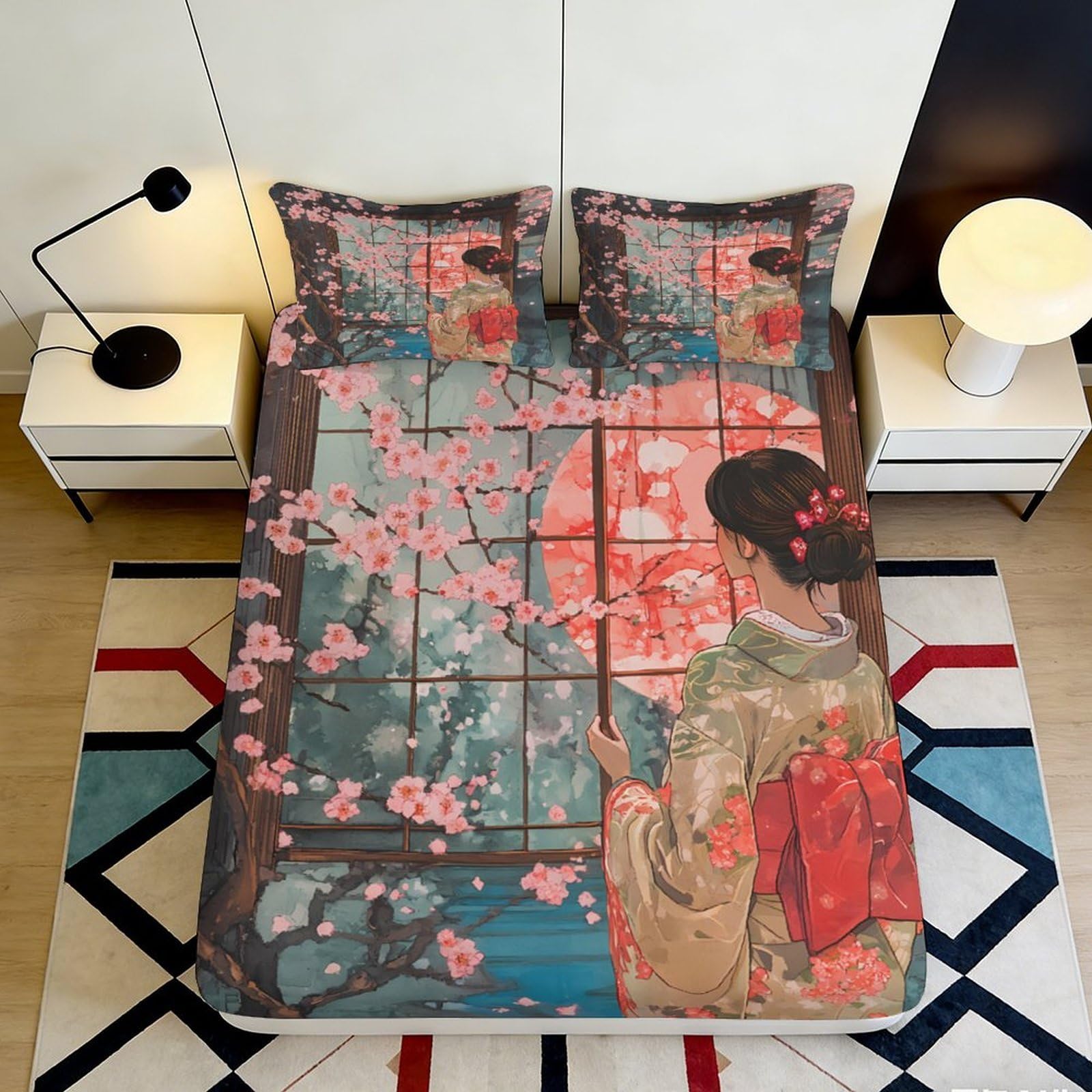 3D Printed Sakura Geisha Fitted Sheet Microfiber Soft Breathable Japanese Art Bed Cover for Bedroom Decor 90x200x25cm