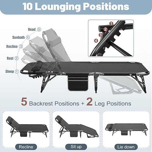 Miniatura 6 de Slsy Catres de dormir para adultos, tumbonas plegables de 5 posiciones al aire libre, cama plegable portátil para playa, césped, camping, piscina,
