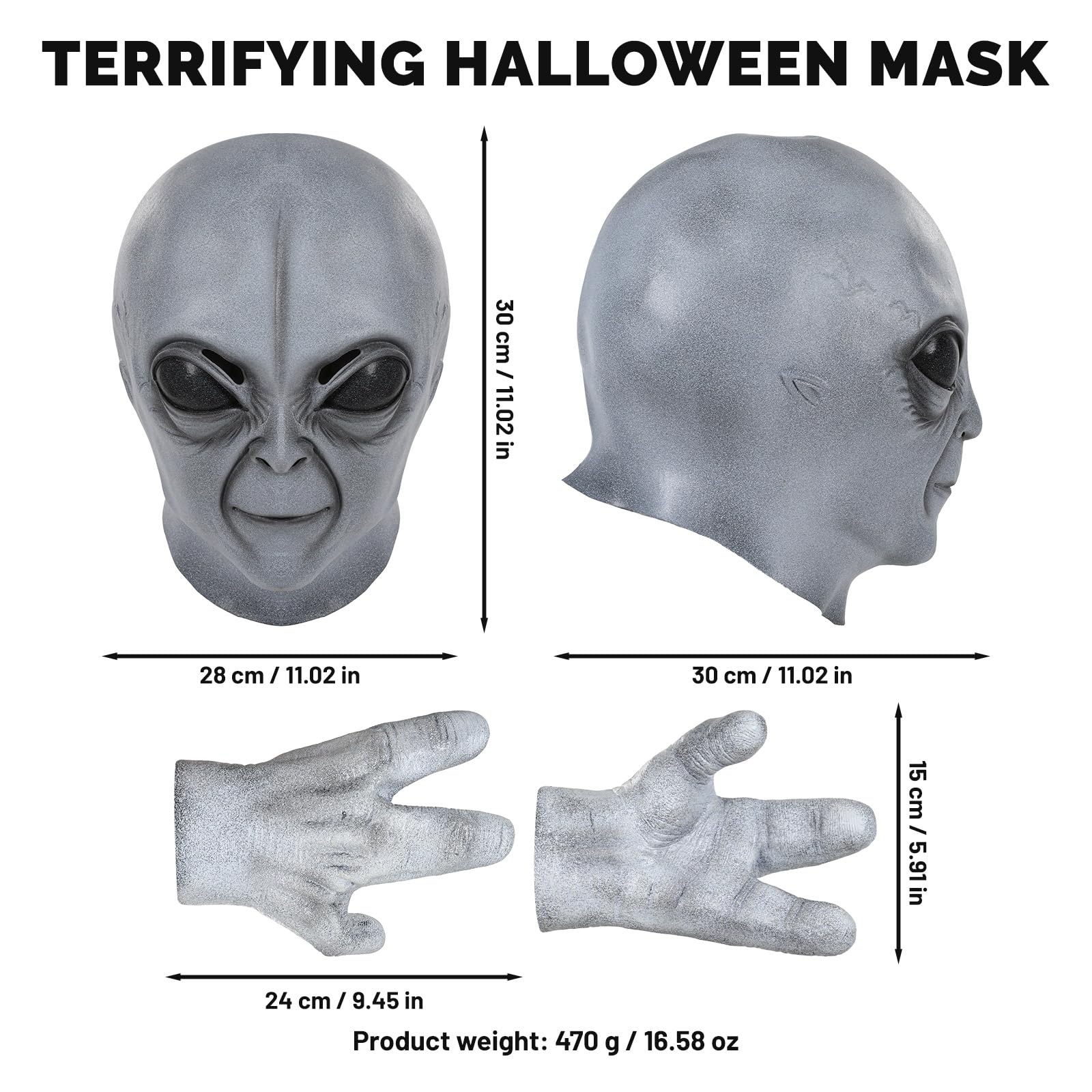 Makoike Alien Mask with Gloves Funny Realistic Grey Alien Full Head Mask Halloween Costume Cosplay Latex Props - Image 2