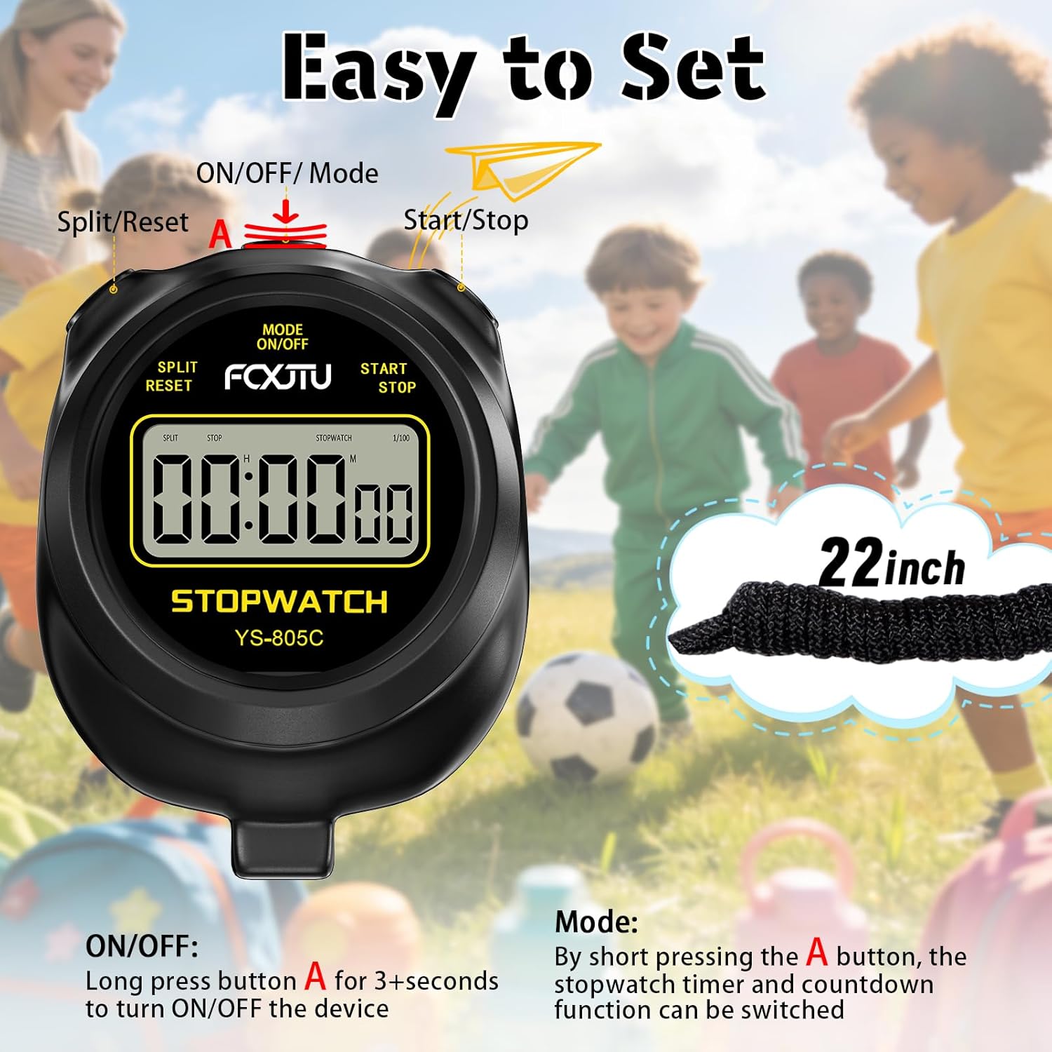 FCXJTU Simple Stopwatch Timer, Single Lap Stopwatch Countdown Timer, No Hourly Beep, On/Off, AAA Battery(Included), Large Display, Easy to Use, Ideal for Kids Coaches Black