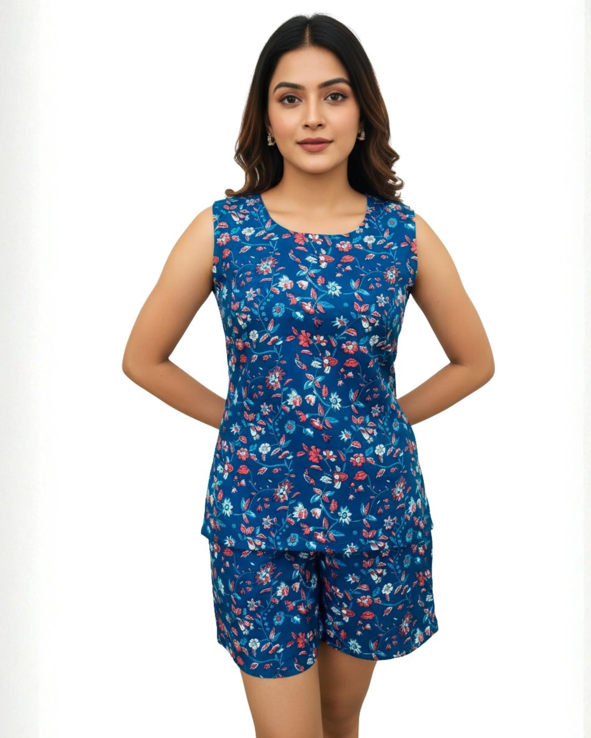 Women Cotton Sleeveless Night Suit Set with Shorts | Soft Breathable Printed Sleepwear Co Ord Set | Loose Fit Summer Nightwear & Loungewear for Women-image-16