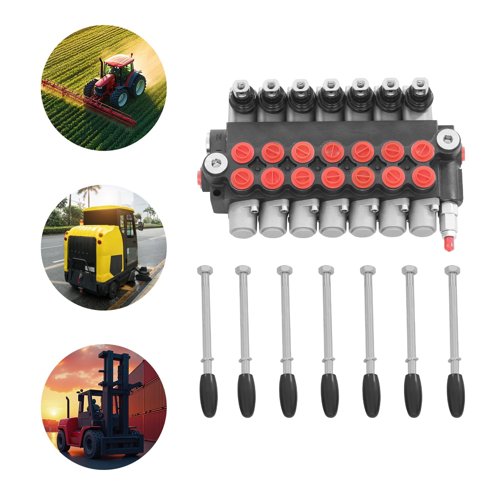 31,5 MPa Hydrauliczny zawór łuparki z 7 szufladami (4500 PSI) przepływ 49 l/min, grafitowy zawór sterujący z regulowanym zaworem nadmiarowym do ciągnika, ładowarki i łuparki