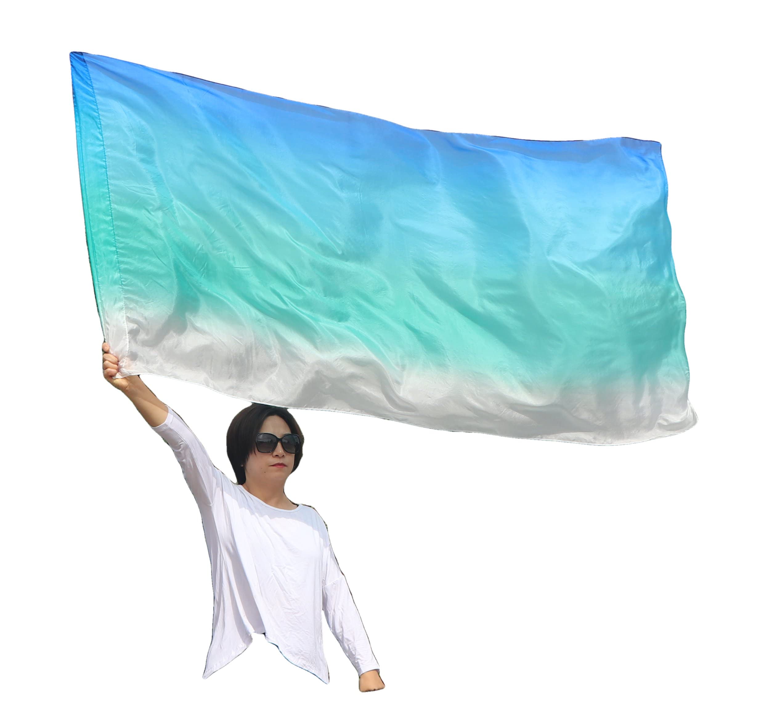 Winged Sirenny 70" Silk Worship Flags with Flex Rods, Handpainted Feather Light Fluid Translucent Silk Banner (white-peacock-turquoise-blue B)
