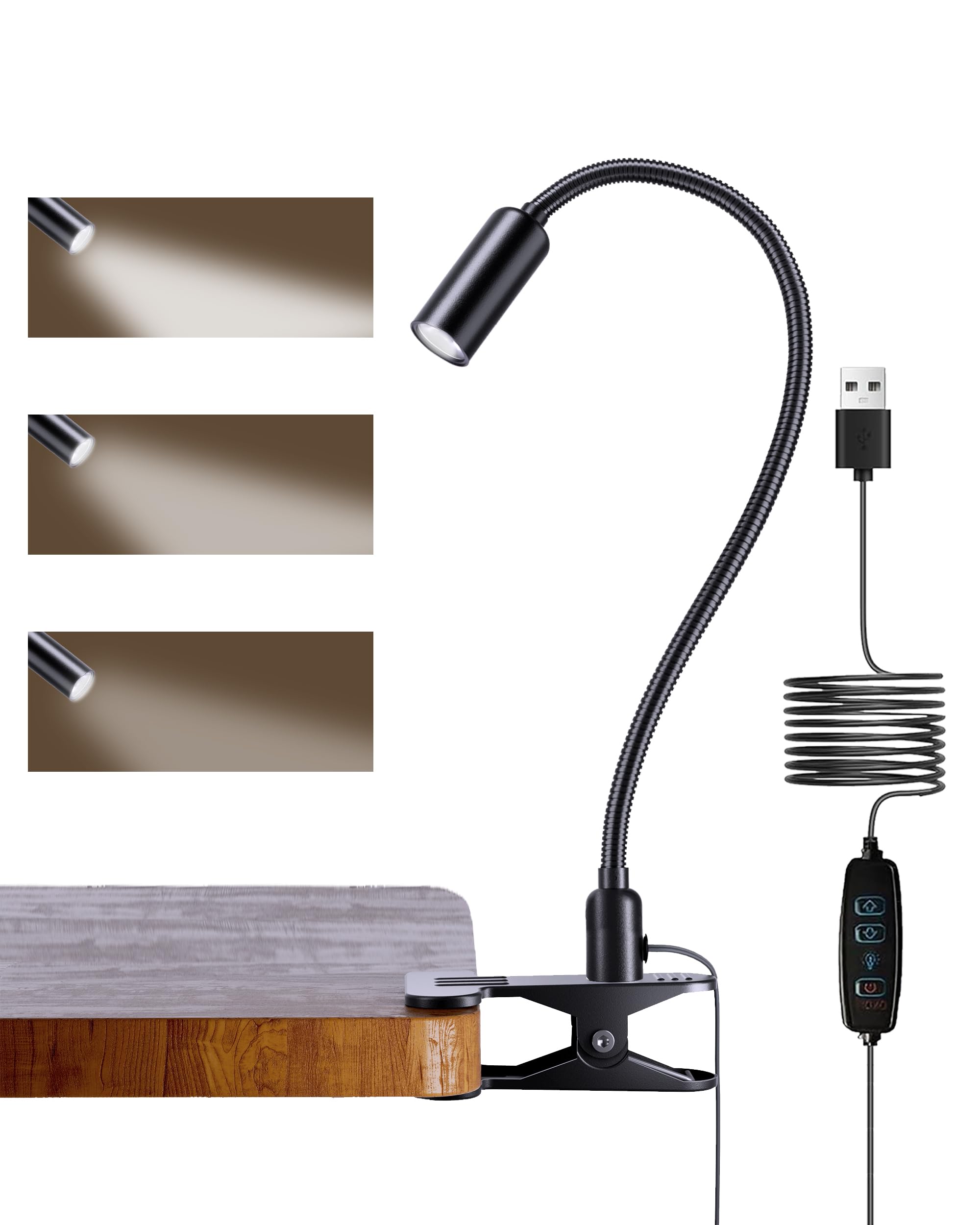 JHD Led Desk Lamp with Clamp - 10 Brightness Levels, 12" Flexible Gooseneck,Eye Protection USB Lamp - Suitable for Home Office, Reading, Bed Light,Quality Black Metal Clamp Light,Headboard Lamp