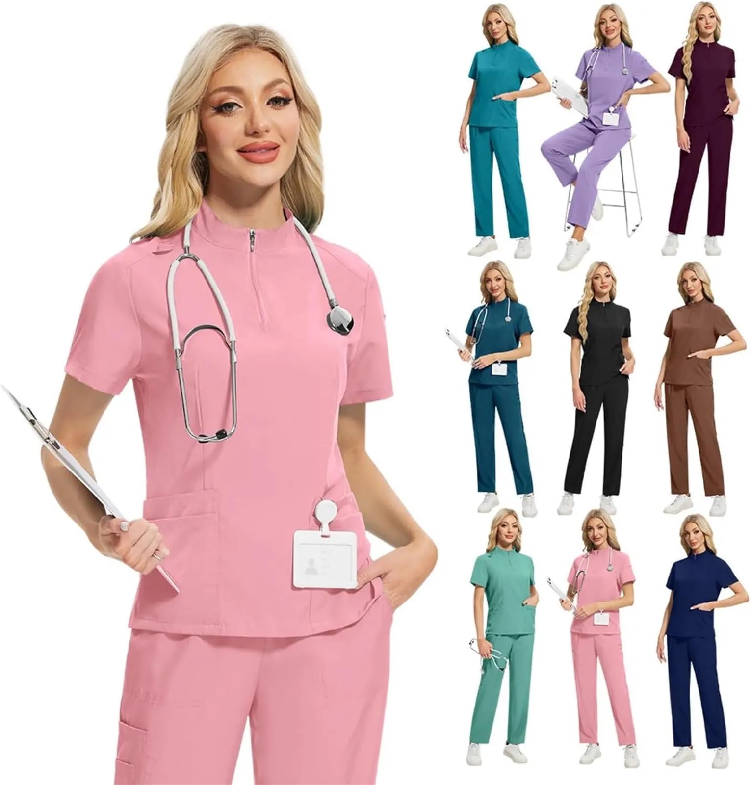 Uniformes Sanitarios Mujer Traje de Hombre y Mujer con Cuello levantado Cremallera, Ropa Lavado, Uniforme Enfermera, Mono, médico, salón Belleza, SPA | Royal Blue,S(55-65kg)