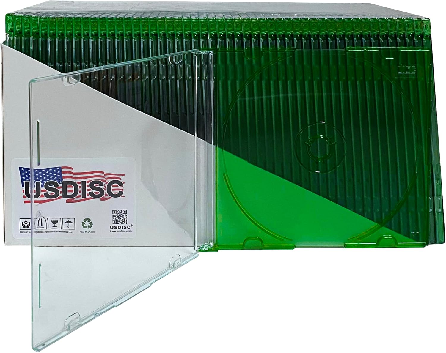USDISC CD Jewel Cases Slimline 5.2mm, Single 1 Disc, Clear Green, Pack of 100
