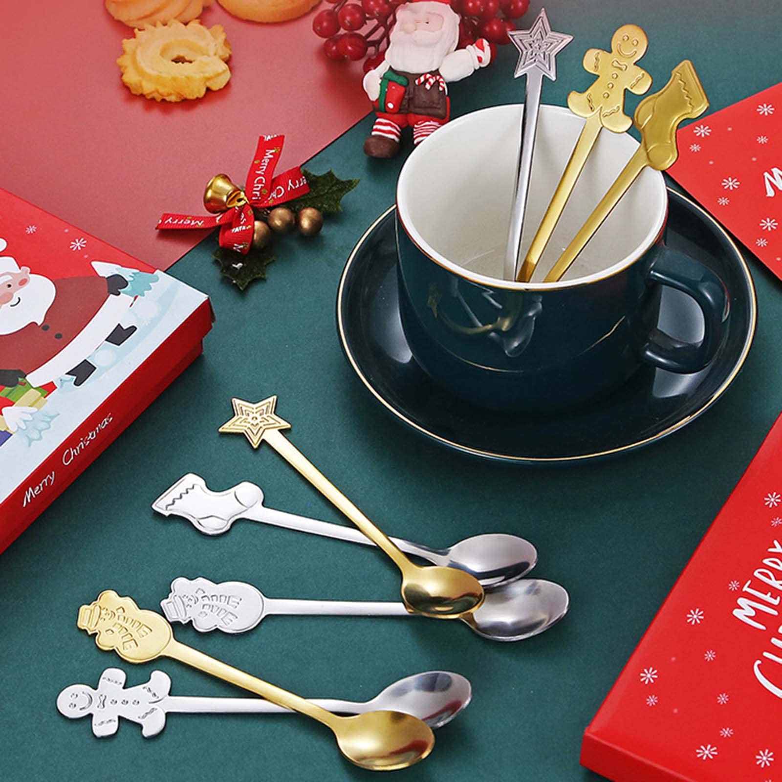 Set Of 4 Stainless Steel Tableware Coffee Spoons Christmas Themed Stainless Steel Coffee Spoons Dessert Spoons