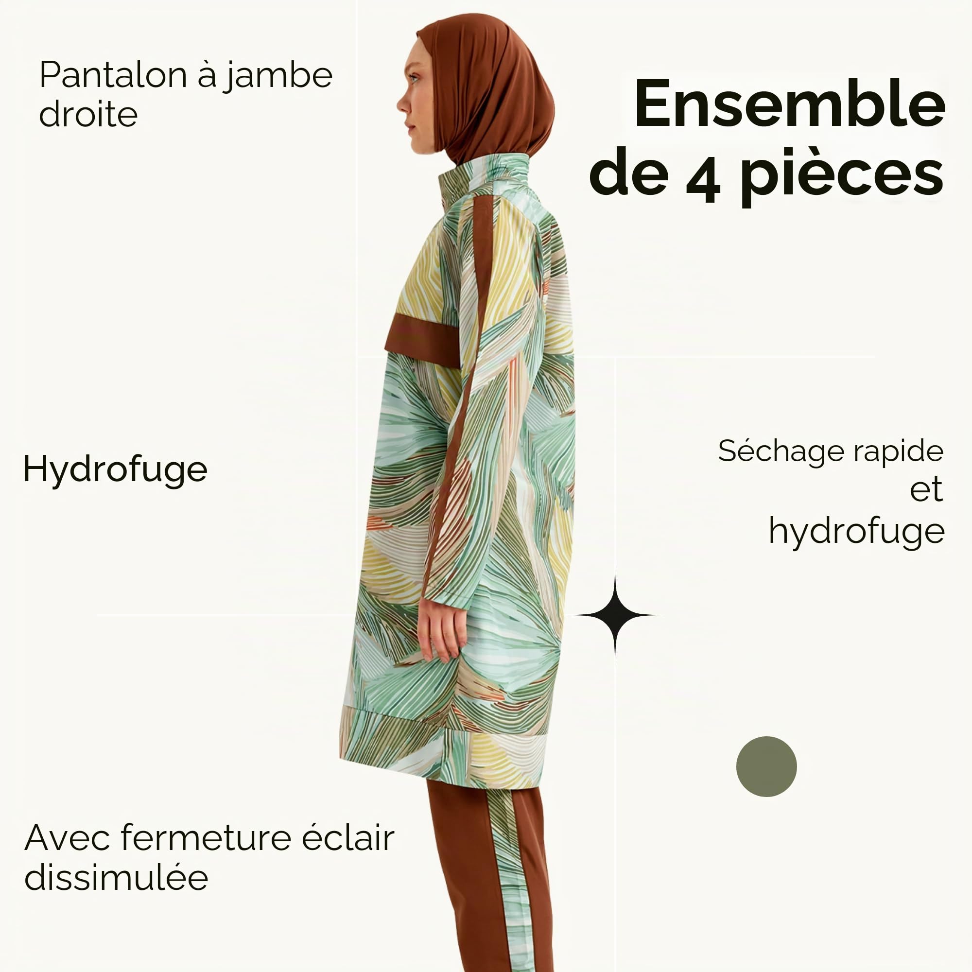 Ensemble burkini 4 pièces pour femme - Tunique, leggings, bonnet et sac de plage - Séchage rapide et imperméable - Mode tendance