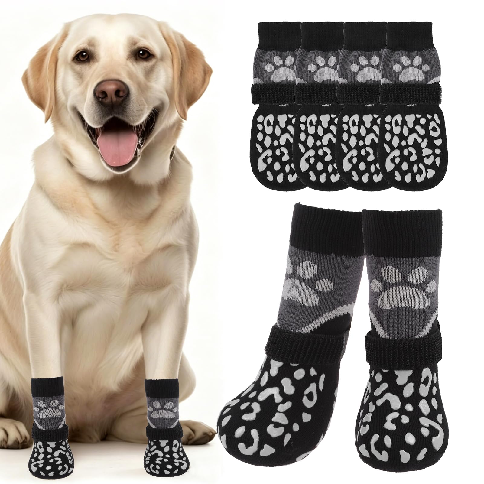Mihachi Anti Slip Dog Socks, Dog Boots for Hot/Cold Pavement for Hardwood Floors Prevent Licking, Traction Control Waterproof Rubber Sole Paw Protectors for Small Medium Large Senior Dogs, Black L
