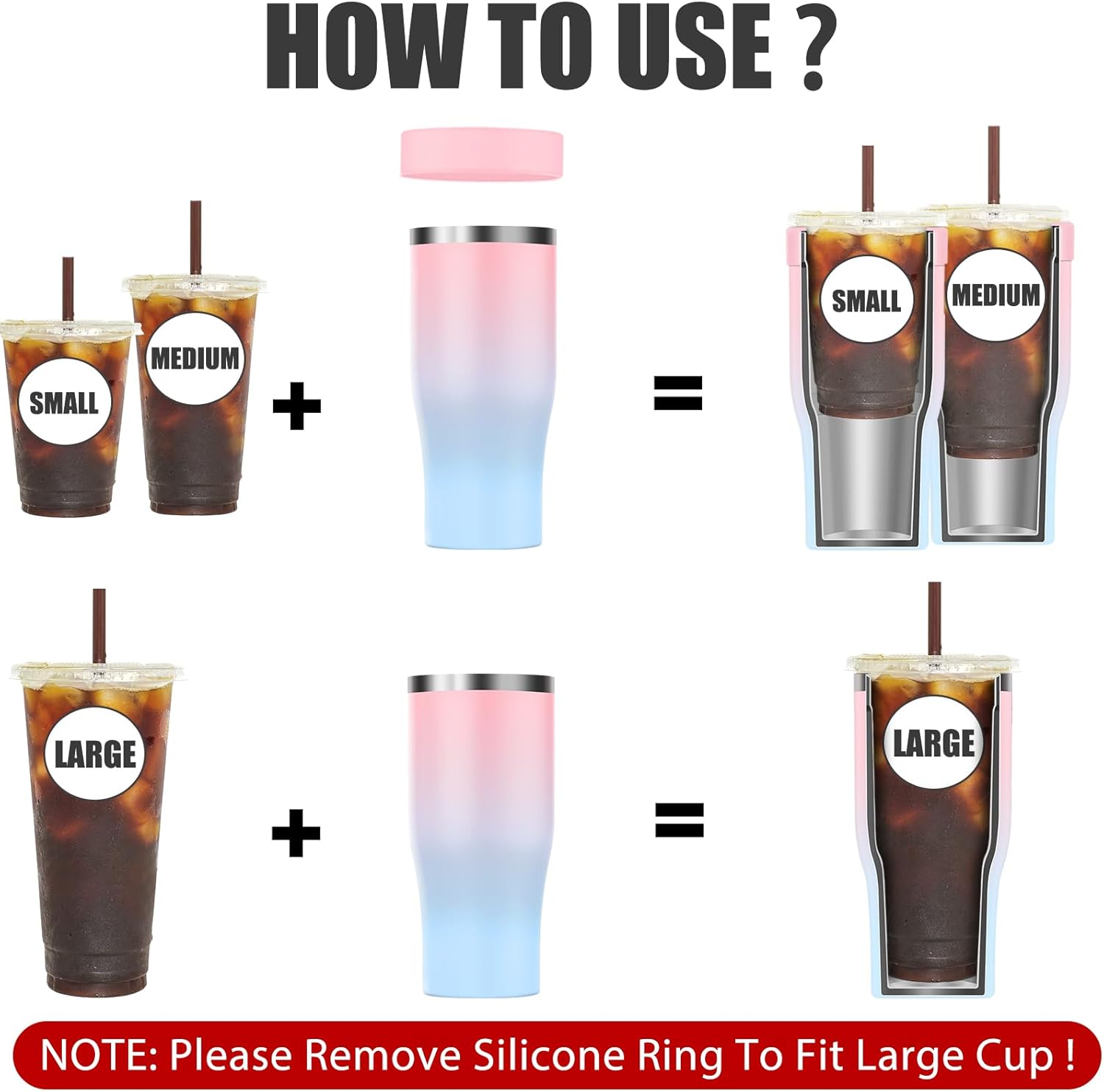 Universal Iced Coffee Sleeve - Upgraded Double Wall Reusable Stainless Steel Holder Sleeves Insulator for Cold Drinks Fits Starbucks Dunkin Donuts McDonalds Small Medium Large Cup (Pink Blue) - Image 2