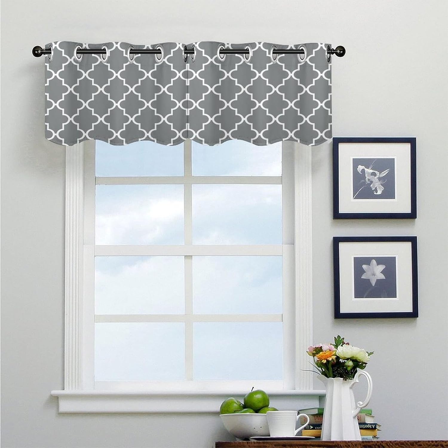 Quatrefoil Grey 2 Pack Valance Curtains Window Treatments. Adjustable Curtain with Rod Pocket.Cafe Curtains is Half Curtains for Privacy Decorative 52x18.1 Inch.