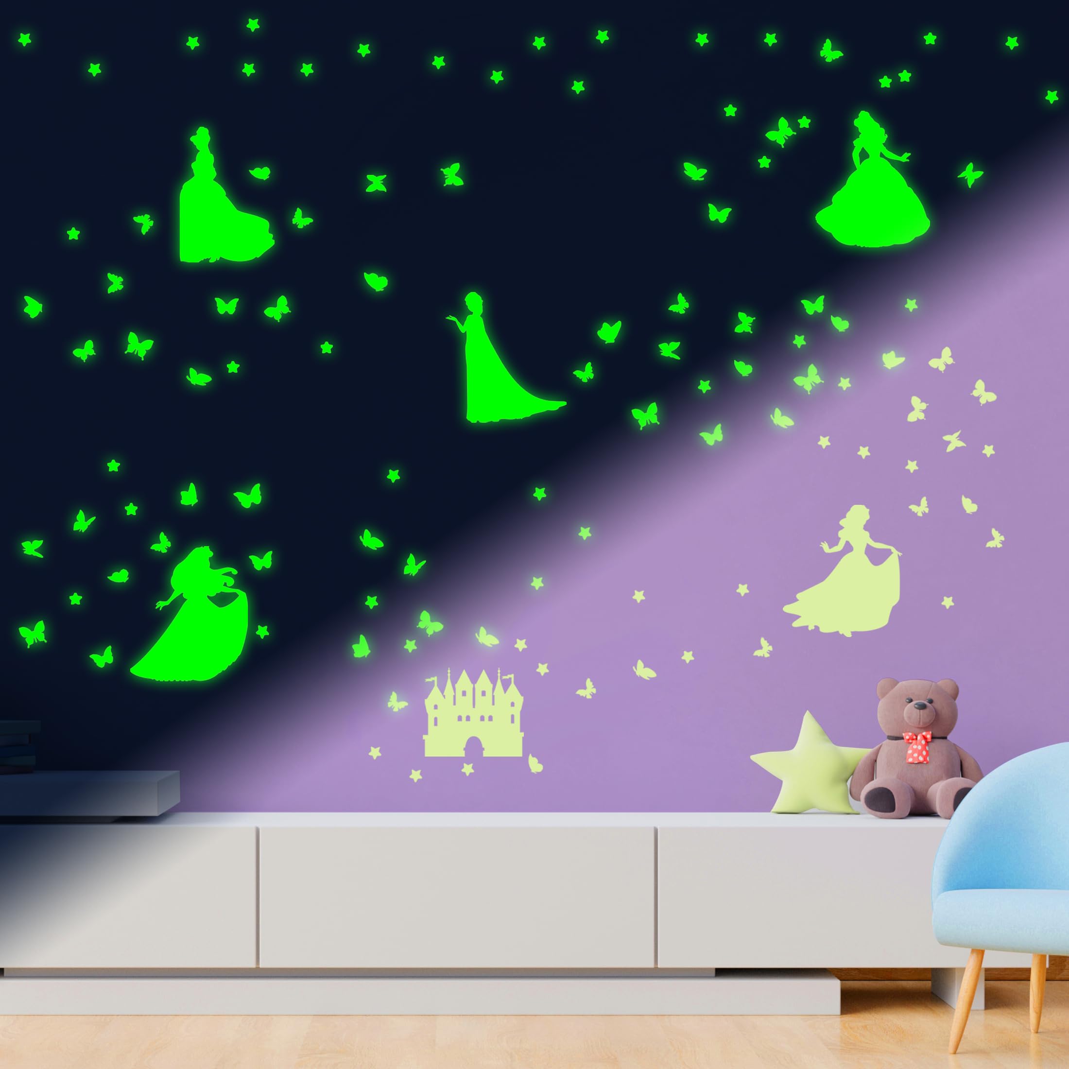 Adhesivo de pared que brilla en la oscuridad, diseño de castillo de princesa, estrella y mariposa, para habitación de niña, calcomanía fluorescente para techo y guardería (verde)