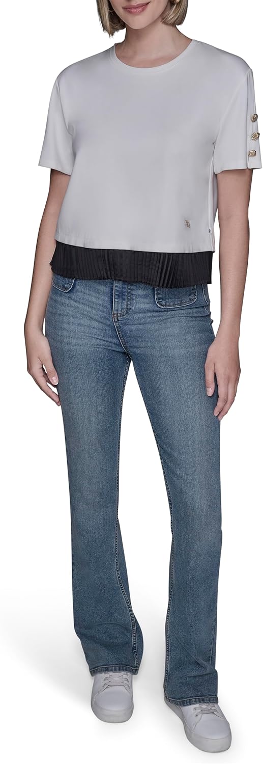 Karl Lagerfeld Women's Short Sleeve Pleated Border Crewneck Essential T-Shirt - Image 2