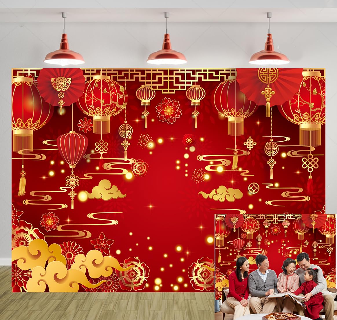 2026 Chinese New Year Backdrop Red Lanterns Flowers Golden Lucky Clouds Year of The Horse Spring Festival Background Lunar New Year Family Party Decorations Banner Photo Booth Props (7x5FT)