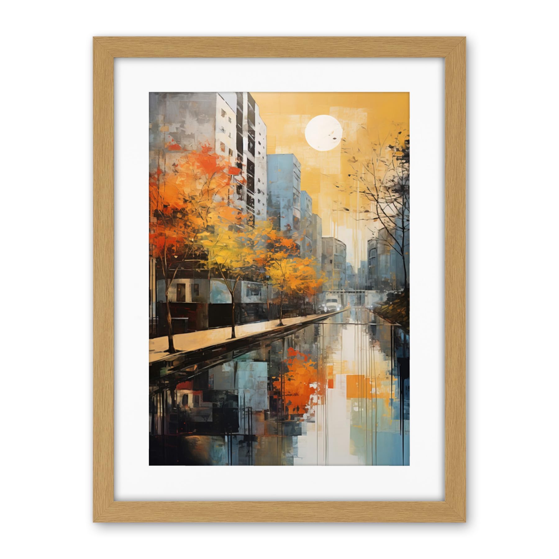 Artery8 Cityscape River Canal Oil Painting Blue Orange Trees Autumn in the City Artwork Framed Wall Art Print 18X24 Inch