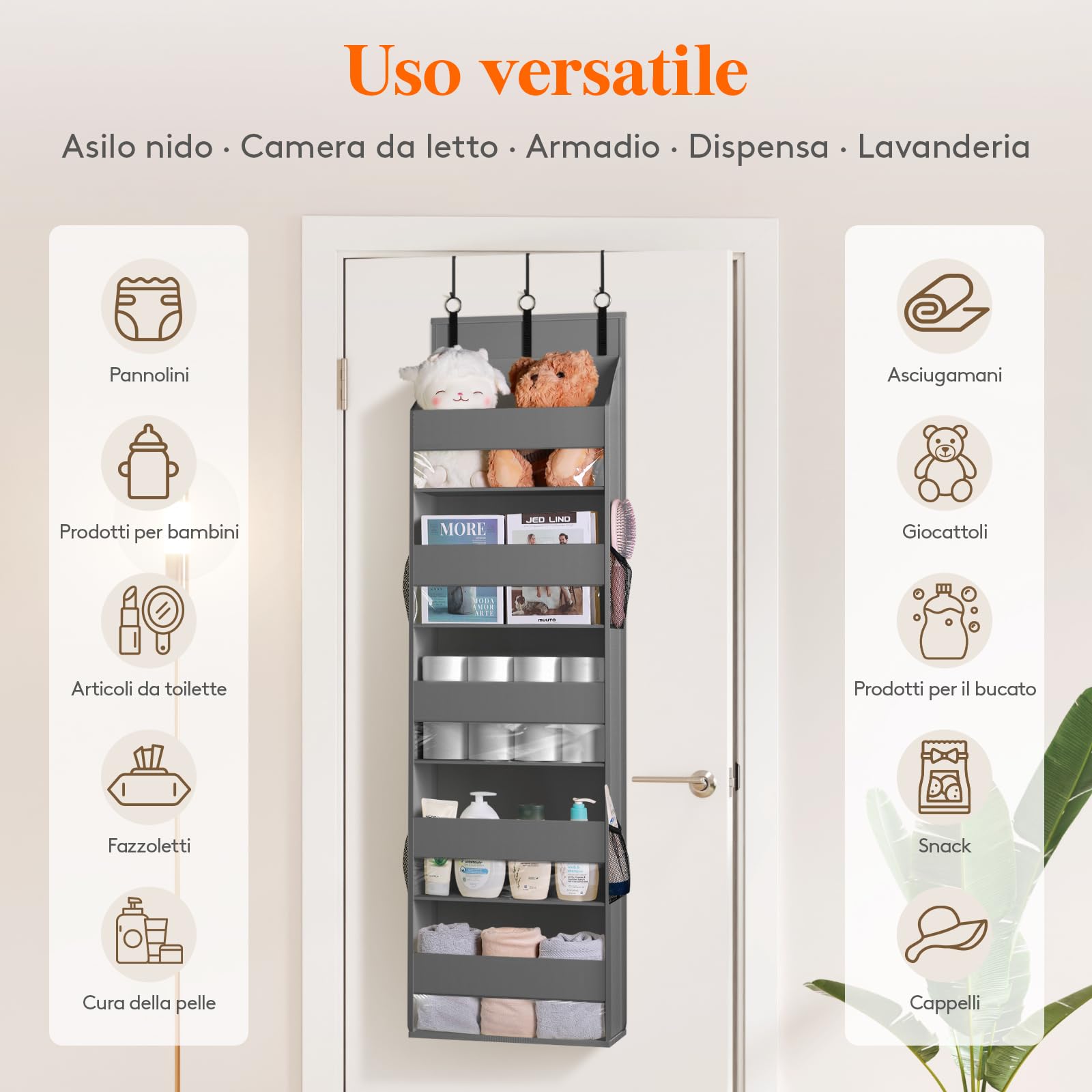 Lifewit Portaoggetti da Appendere con 4 Tasche Laterali e 2 Ganci, Organizer Appendere, Capacità 18 kg (40 lbs), Mensole Porta per Camera da Letto, Bagno, 5 Ripiani, 5 Scomparti, Grigio