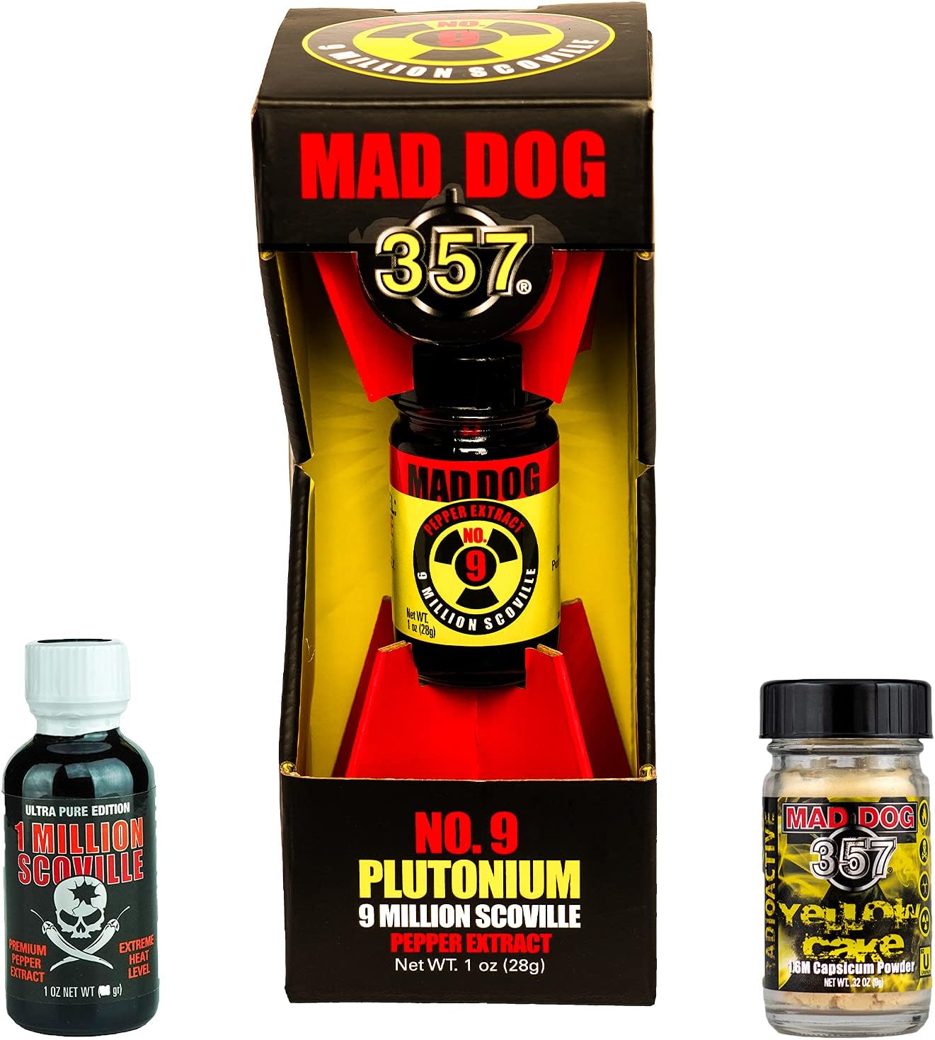 Mad Dog 357 No. 9 Plutonium 9 Million Scoville Pepper Extract with jar of Mad Dog 357 Yellow Cake - 1.6M Capsicum Powder and Bottle of Mad Dog 357 ECO 1 Million Scoville Ultra Pure Pepper Extract