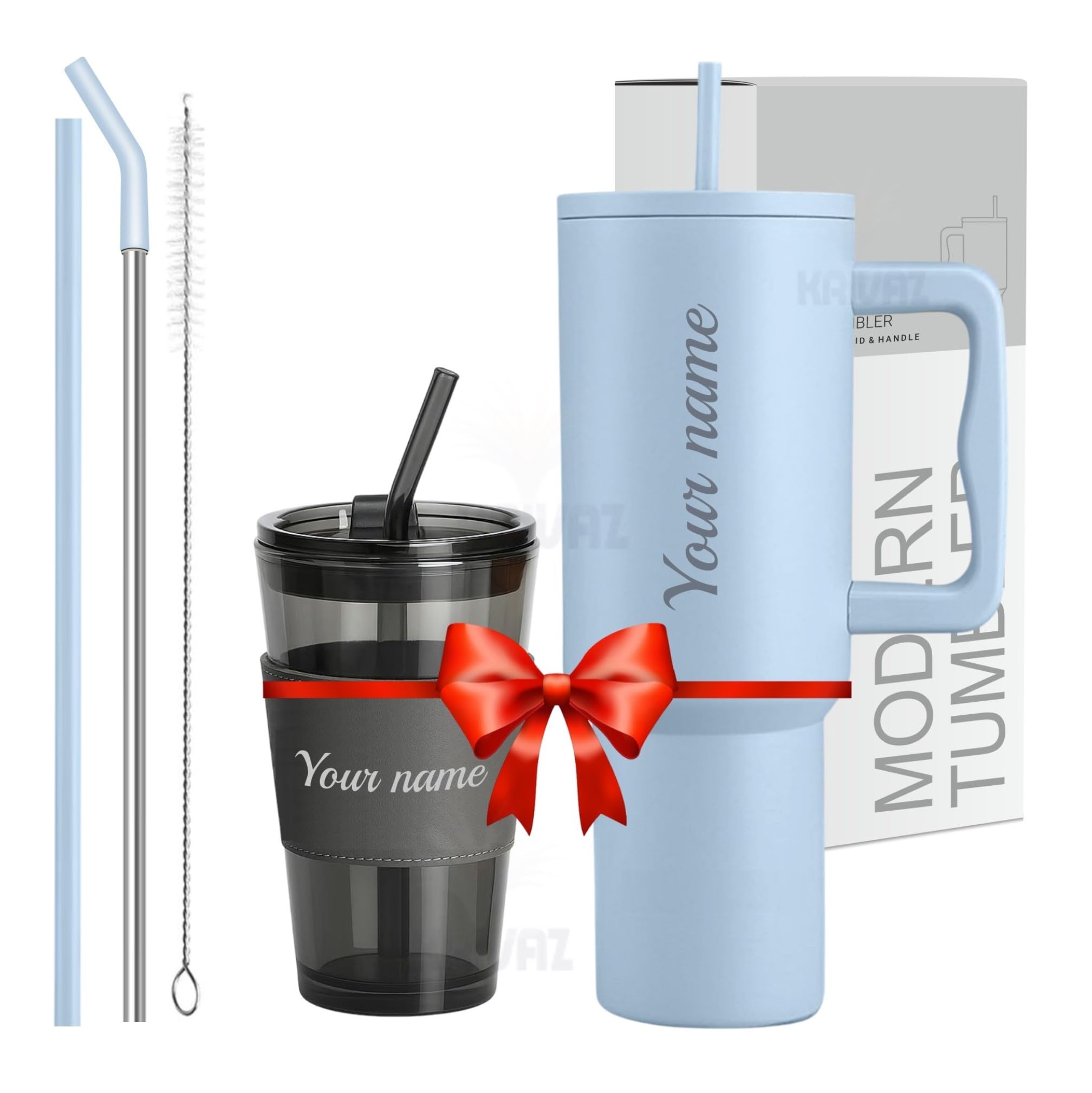 KRIVAZ Stainless Steel Tumbler with Lid & Straw, 100% Leakproof Tumblers with Handle, Sipper for Office,Gym & Outdoors 1200ml Tumbler (Blue + Black Mugs)
