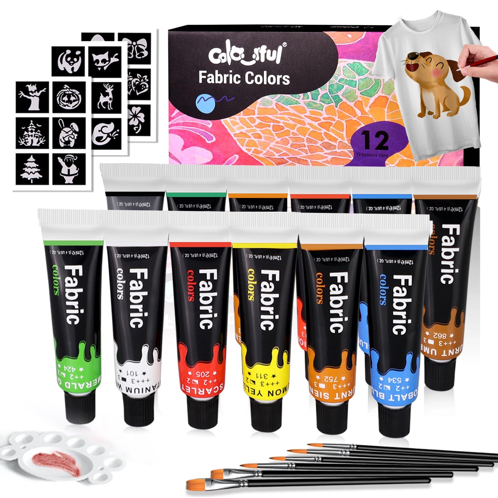 Fabric Paint Set for Clothes with 6 Brushes, 1 Palette, 12 Colors - Permanent Textile Paint Puffy Paint Kit for Shoes, Canvas - Non-Toxic Slick Painting Set for Adults, Beginner & Artists