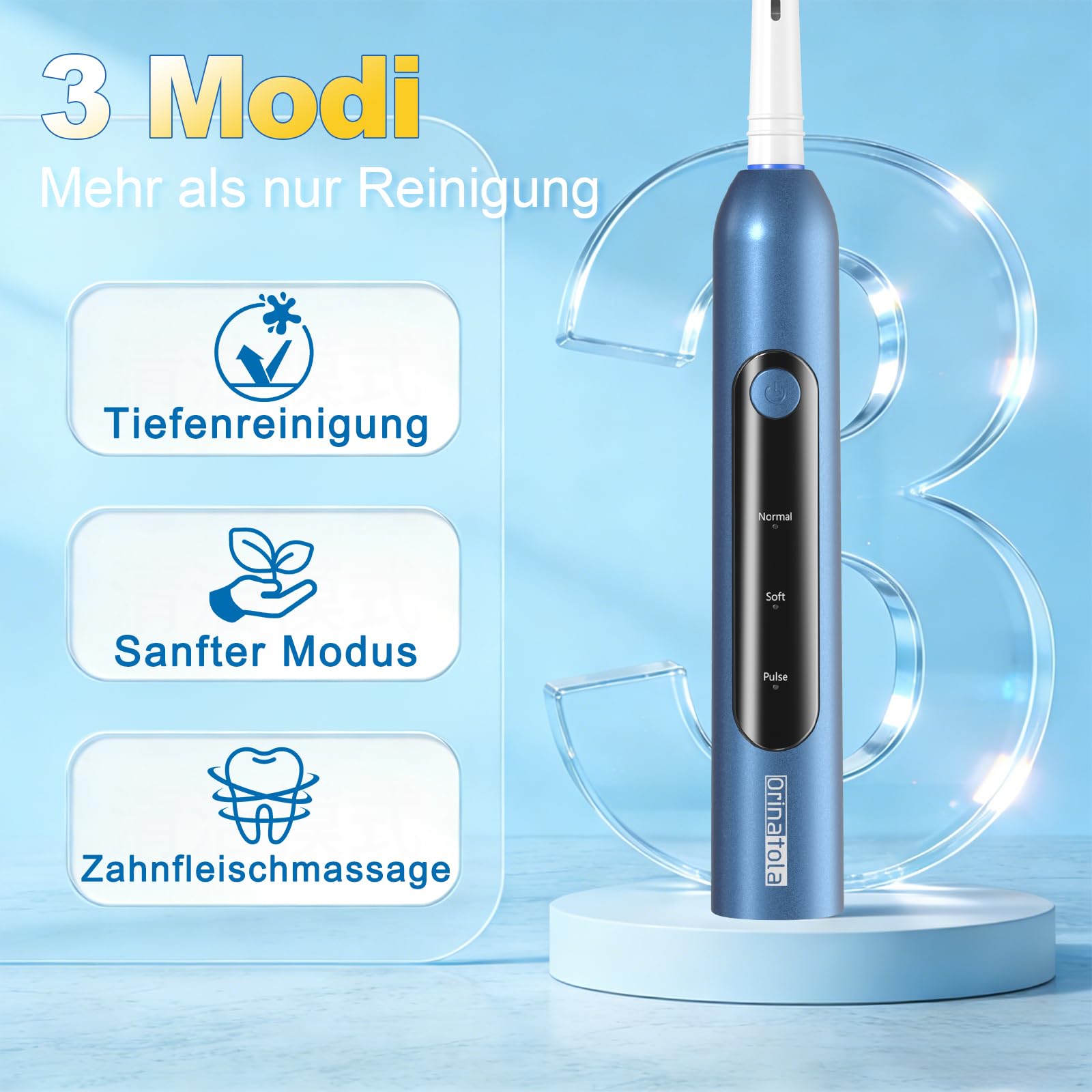 Rotierende Elektrische Zahnbürste für Erwachsene–Mit 8 Bürstenköpfen und Reiseetui, 3 Modi,Wasserdicht IPX7,Wiederaufladbare Elektrische Reise-Zahnbürste,Blau