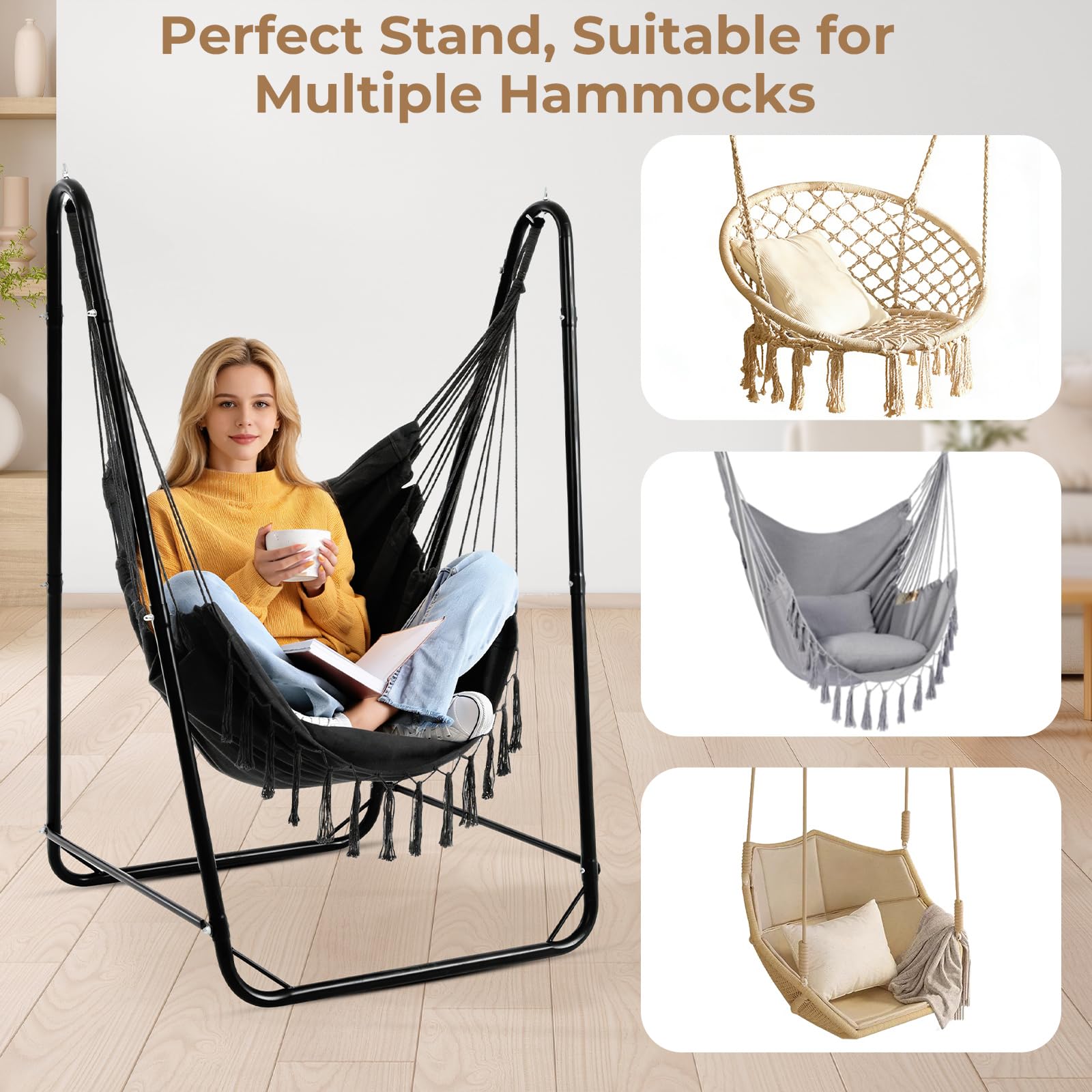Support de Chaise Suspendue en U pour Hamacs, Acier Robuste, Capacité 100 kg, Noir
