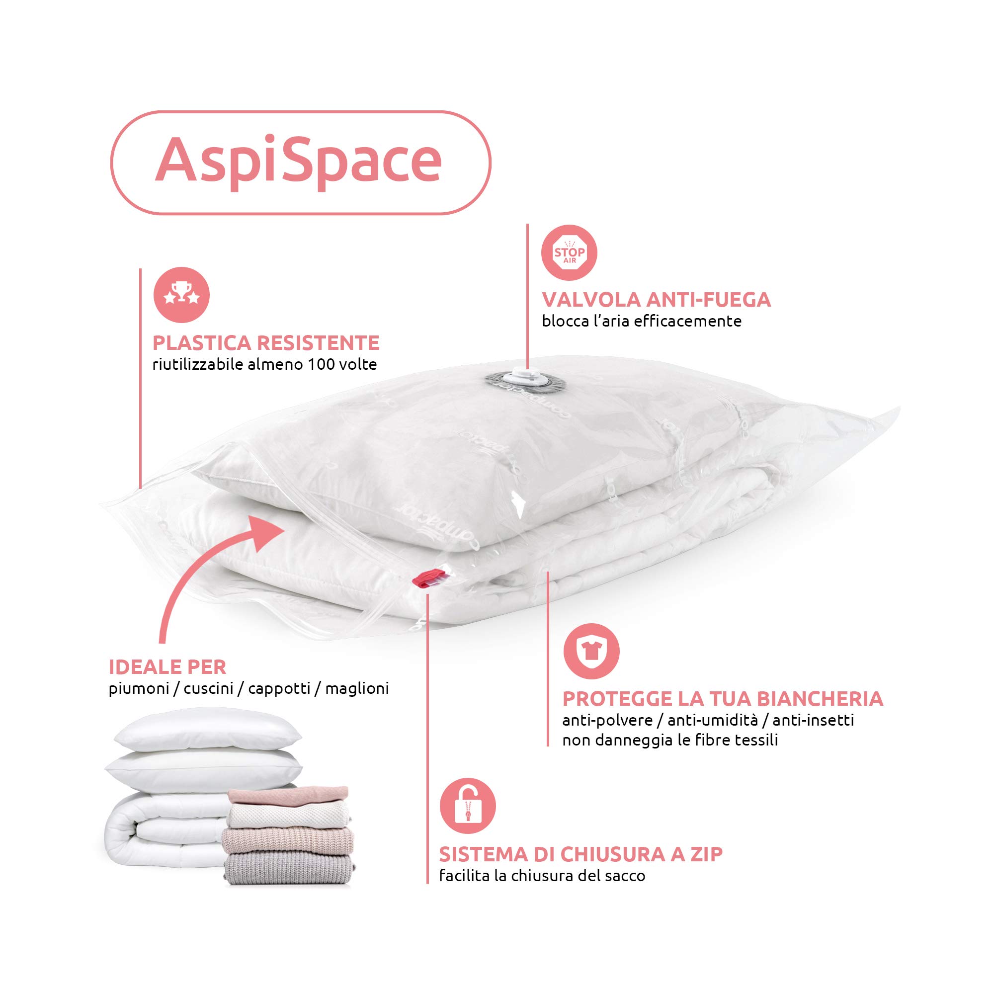 Compactor Set di 10 Sacchetti Sottovuoto ASPISPACE, 5X M (55x90 cm) e 5X L (80x100 cm), Riutilizzabili, Trasparenti