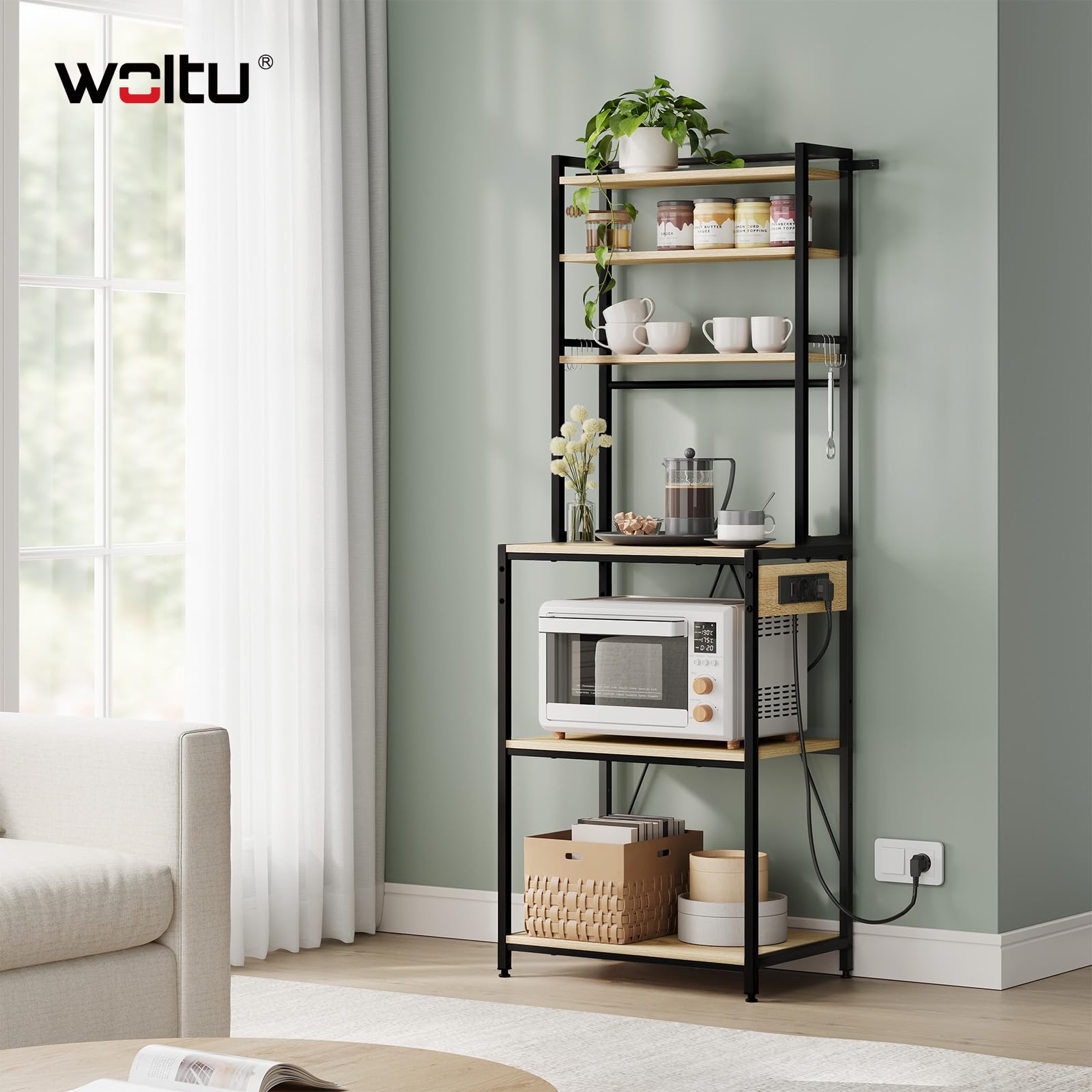 WOLTU Estantería Cocina con Enchufes, Soporte para Microondas con 6 Estantes y 6 Ganchos, Estanteria Almacenaje para Cocina Baño Salón, Metal+Madera, Negro+Roble Claro, 60x39,5x167 cm