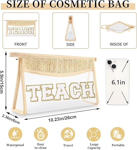 Miniatura 9 de Pequeñas bolsas de maquillaje transparentes de paja bohemia para mujeres y niñas, bolsa de cosméticos con cremallera de chenilla, bolsa de parche de