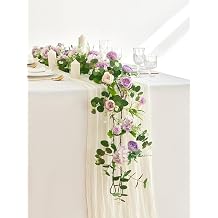 MISSPIN 5.9Ft Eucalyptus Garland with Flowers, Artificial Fake Flower Greenery Spring Garland for Baby Shower Wedding Mantle Table Centerpiece Spring Decor