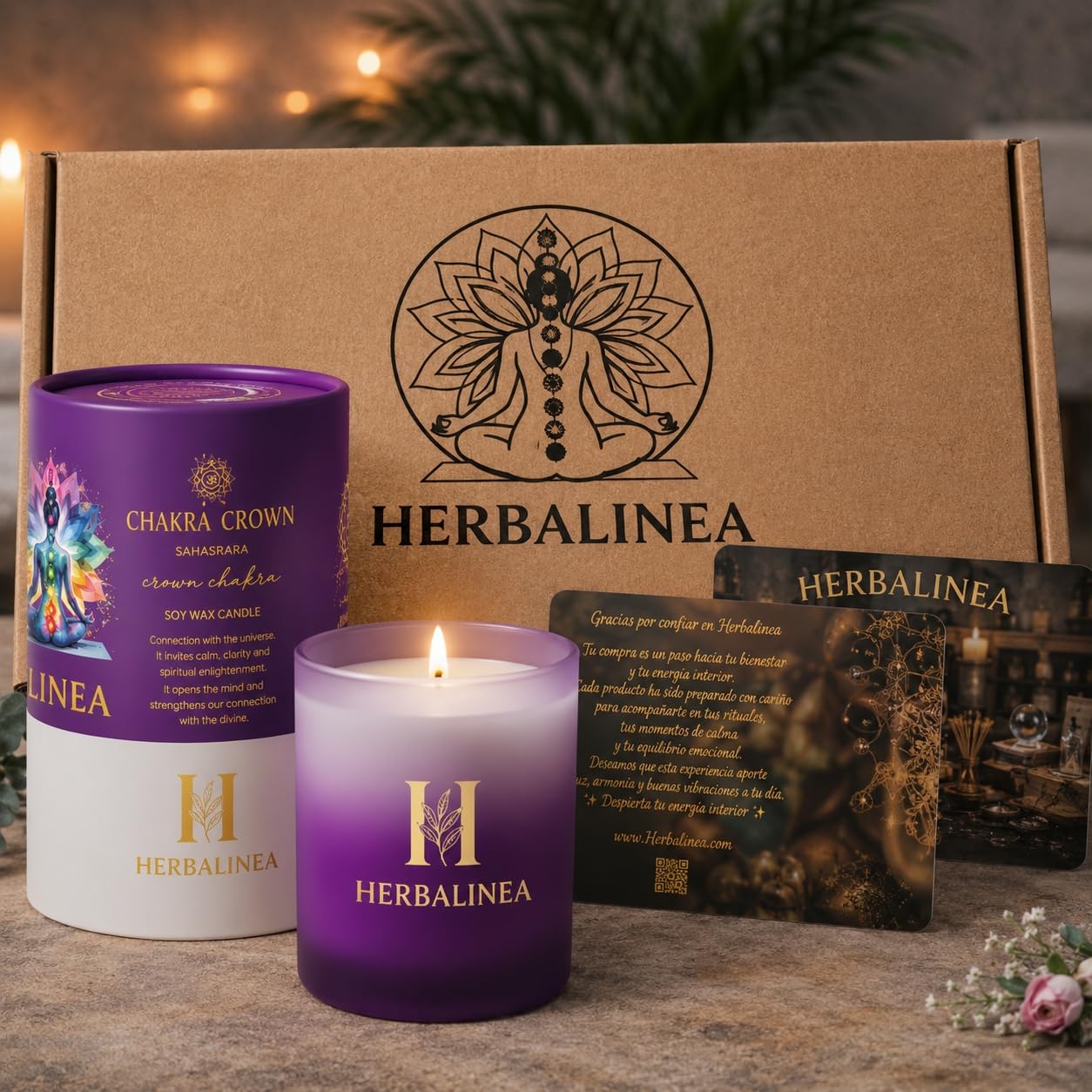 Bougie chakra de soja 100 % avec pierres naturelles et fleurs séchées, bougie parfumée pour méditation, yoga, relaxation et décoration, cadeau original, 160 g (violet - chakra couronne)