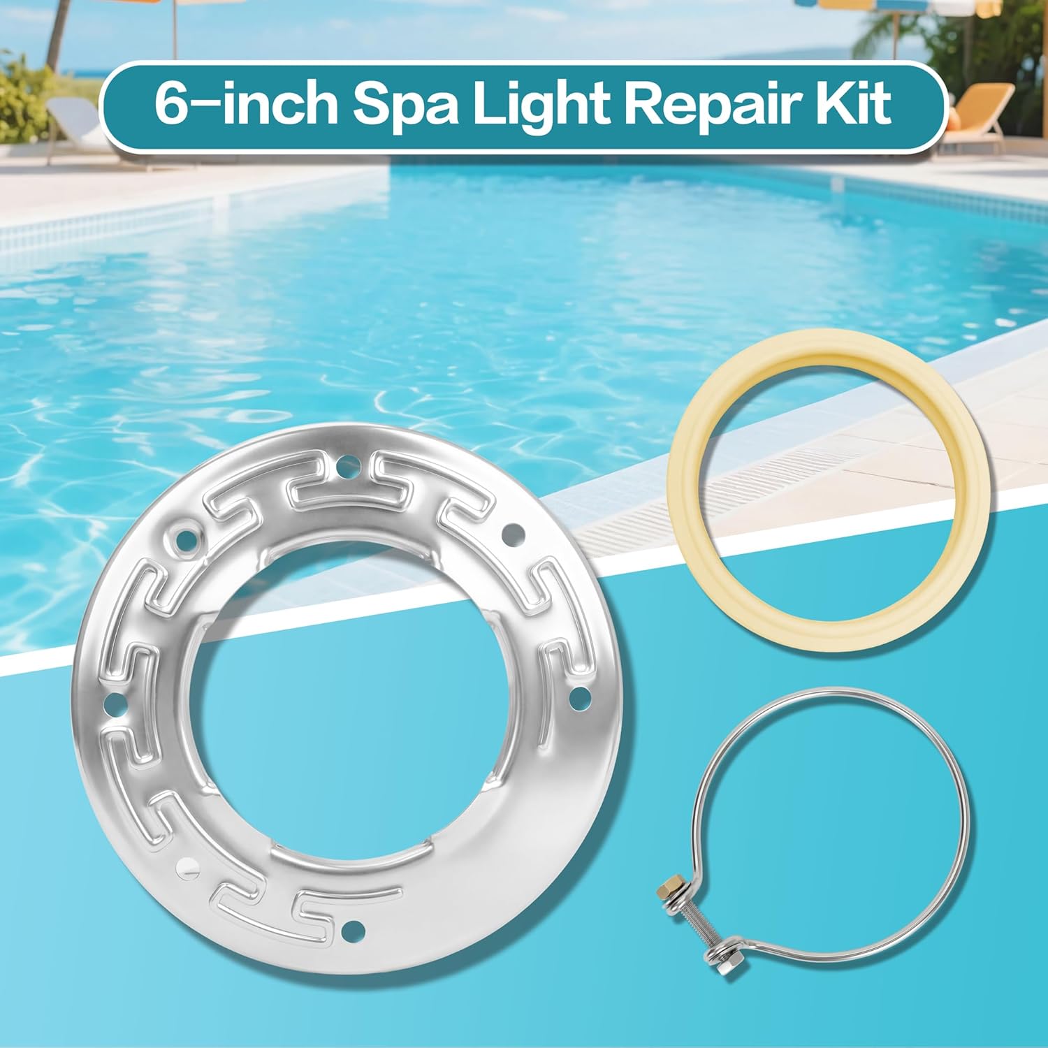 6 Inch Spa Light Maintenance Kit Replacement Parts - Includes #79111600 Fixing Clamp, #79108600 Sealing Ring & #79210400 Stainless Steel Face Ring - Compatible with 6" Inground Pool Lights