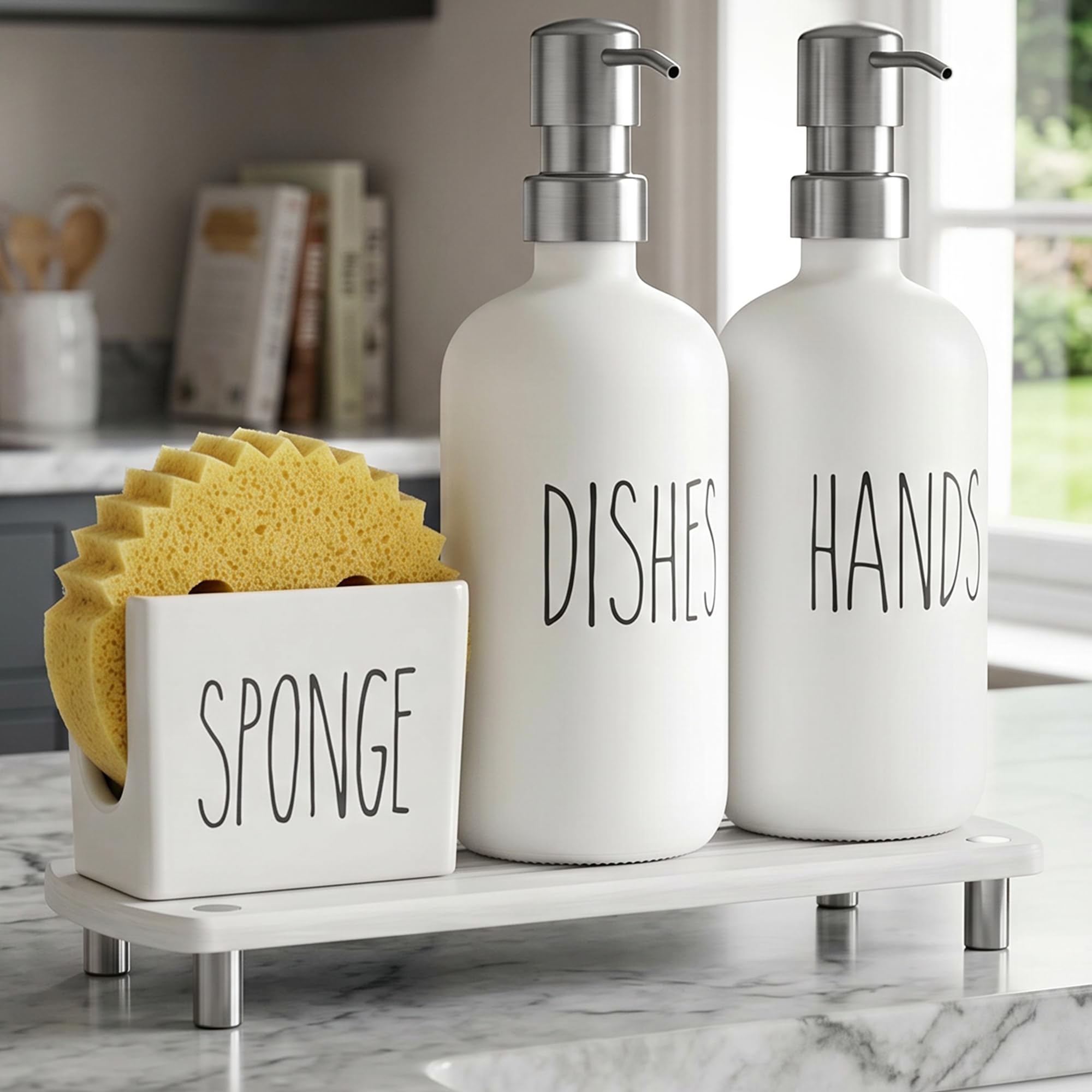 Cisily Kitchen Soap Dispenser Set Comes with Ceramics Sponge Holder, Gold Pumps, and Instant Dry Tray, Hand and Dish Soap Dispenser Set (4, Silver + White + Sponge Holder)