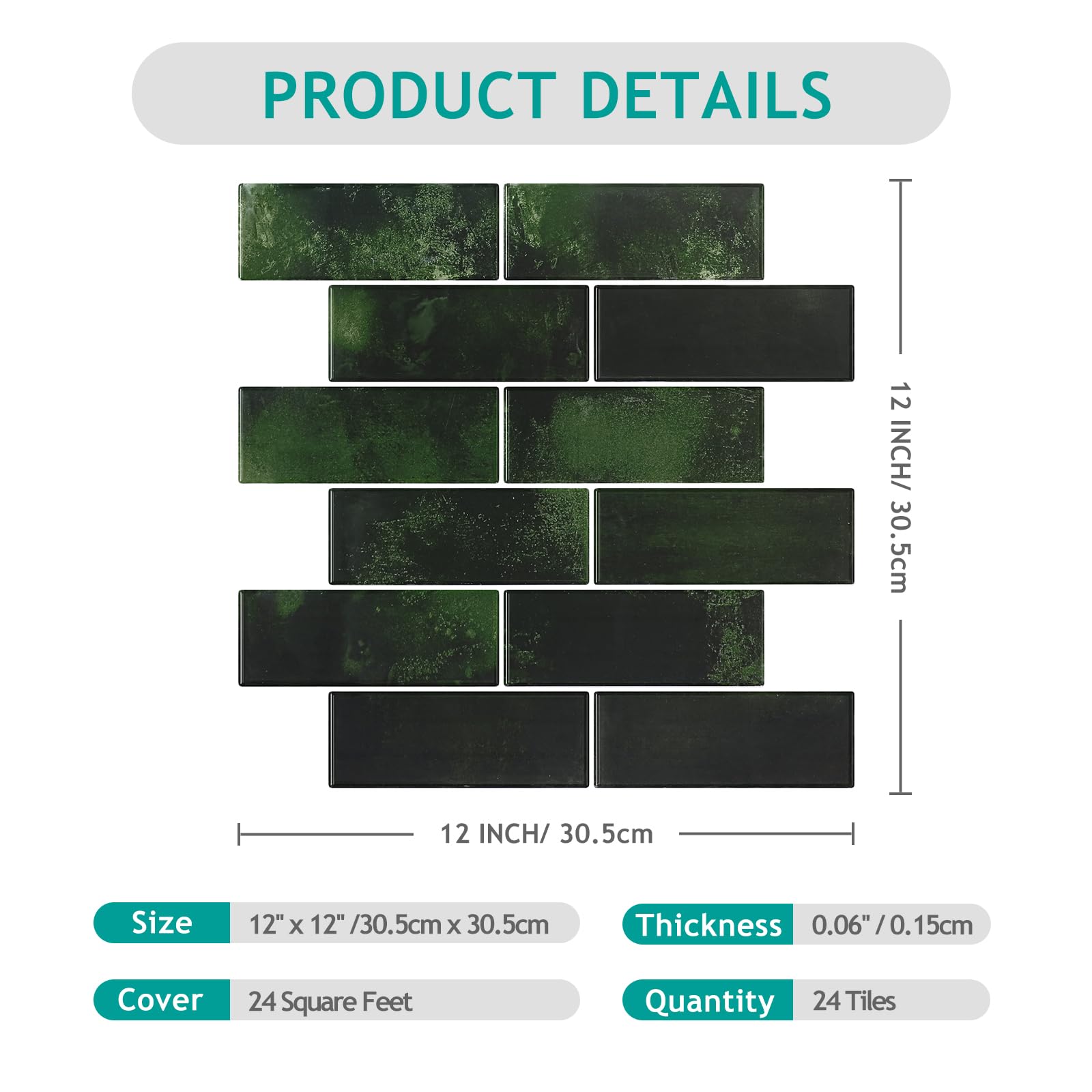 VEELIKE Azulejos Adhesivos Baño Rectángulos Verde Oscuro 3D Baldosas Adhesivas Pared Cocina Vinilos Baño Impermeable Azulejos Vinilo Adhesivo Cocina Pegatinas de Baldosas 30.5cm×30.5cm 24 Piezas