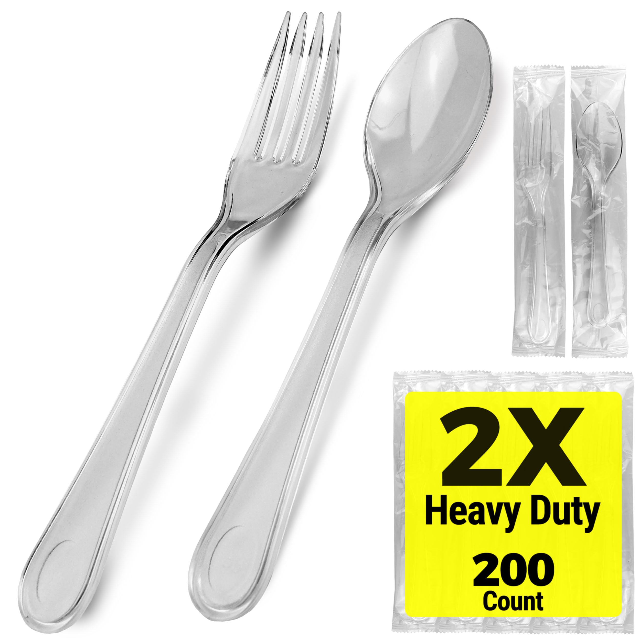 Photo 1 of [200 Count] 2X Heavy Duty Clear Plastic Forks and Spoons Set Individually Wrapped, 100 Count Forks and 100 Count Spoons Disposable Silverware Set, Perfect for Event Catering, Party, and Take out.