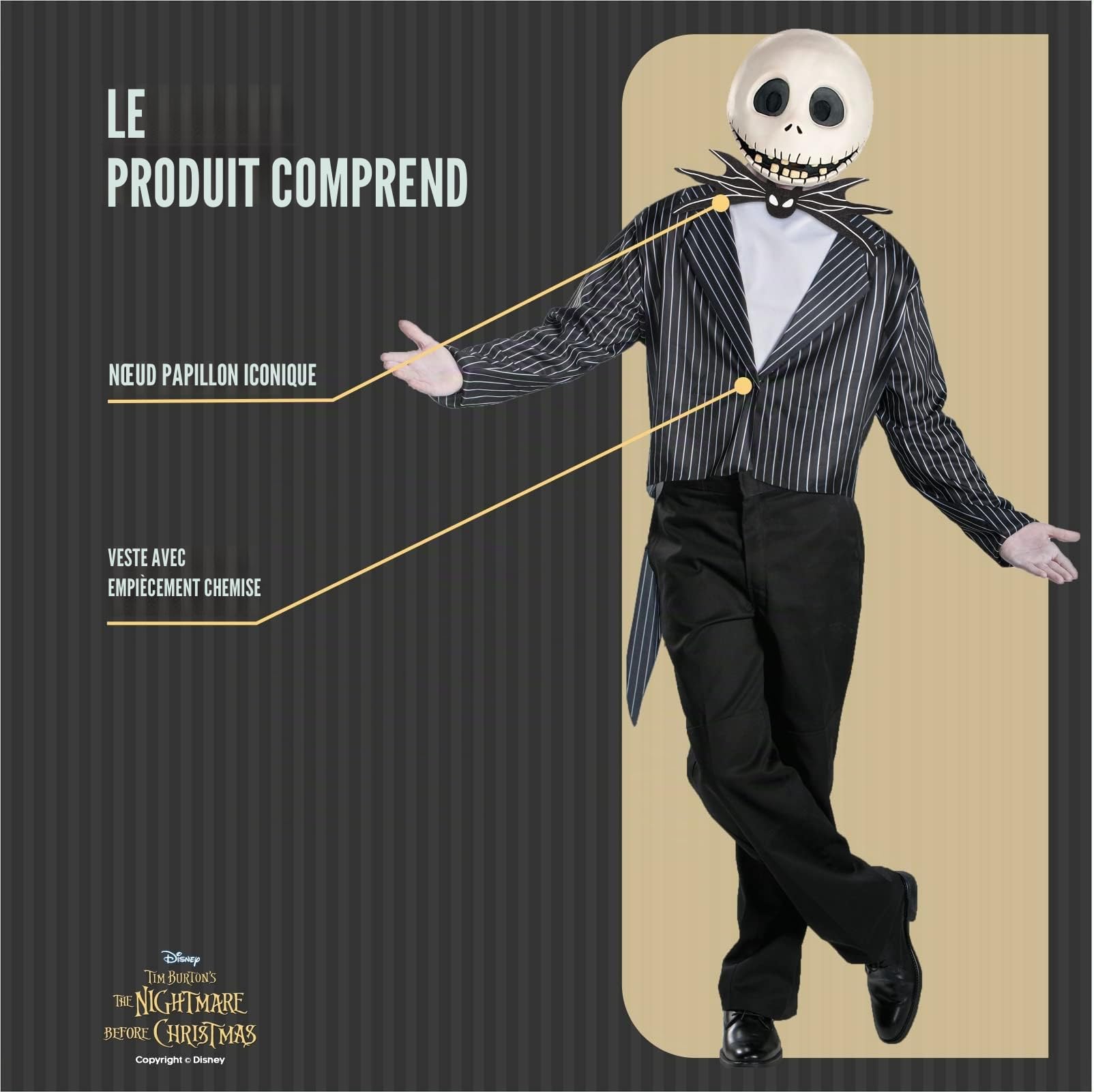 Disney The Nightmare Before Christmas - Déguisement Cosplay Adulte Jack Skellington avec Masque - Taille XL (42-46) - Licence Officielle Disney - Costume Halloween Homme Inspiré du Film de Tim Burton