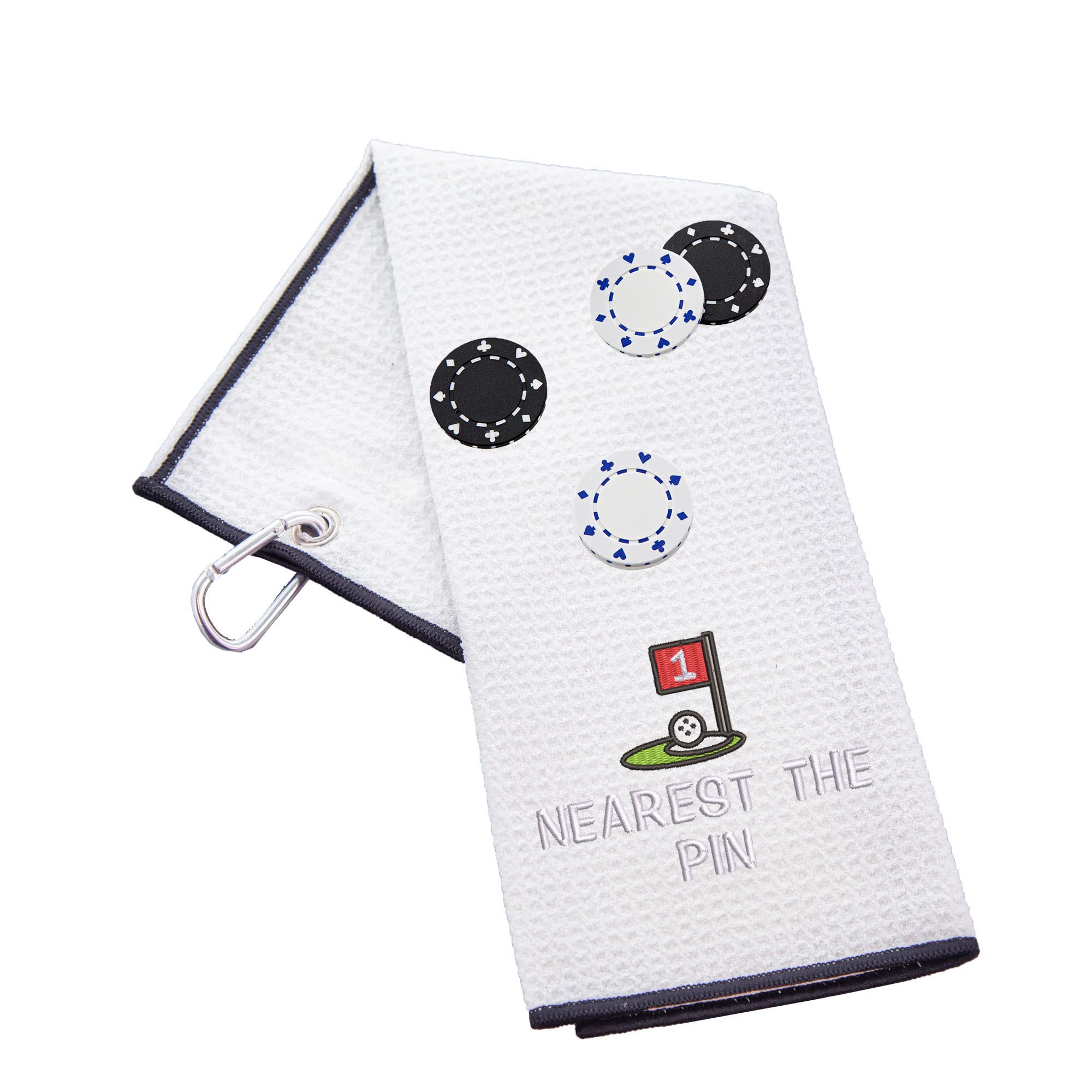 Funny Trifold Golf Towel and Poker Chip Marker Set Gift for Men, Carabiner Clip for Golf Bags, Nearest The Pin, Waffle White