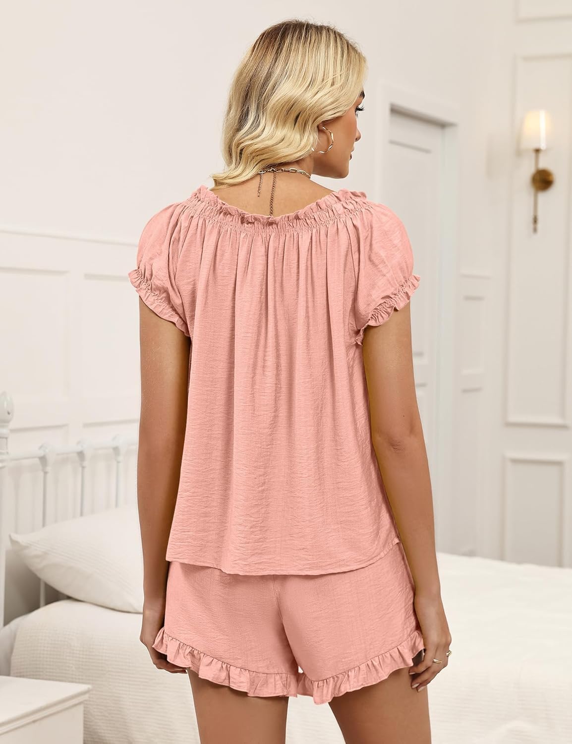 LOMON Womens Pajama Set 2 Piece Smocked Sleeve Top and Ruffle Shorts with Pocket Sleepwear Bridal Pj Sets for Party - Image 3