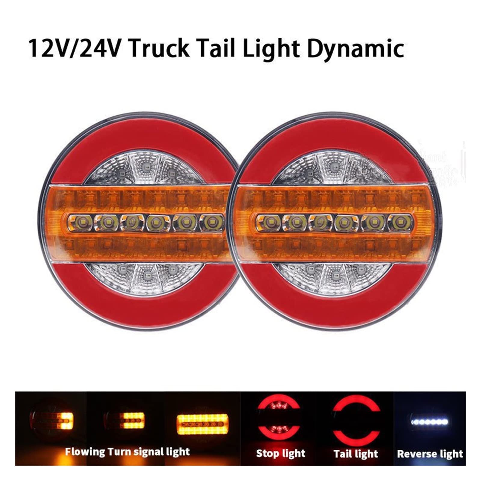Luz Trasera Luz Trasera Redonda 2 Uds. 12V 24V para Remolques Camiones Señal Giro Dinámica Secuencial Freno Lámpara Marcha Atrás Luz Trasera para Tractor Furgoneta Luces Traseras