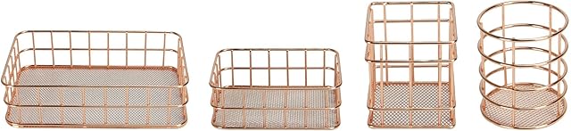 Rose Gold Desk Organiser Baskets - Set of 4 | Metal Wire Storage Basket | Desk Accessories Holder | Bathroom Toiletries | Makeup Organiser | M&W