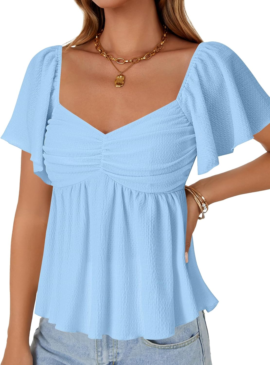 LYANER Women's Sweetheart Neck Ruched Ruffle Short Sleeve Peplum Weekend Blouse Top - Image 3