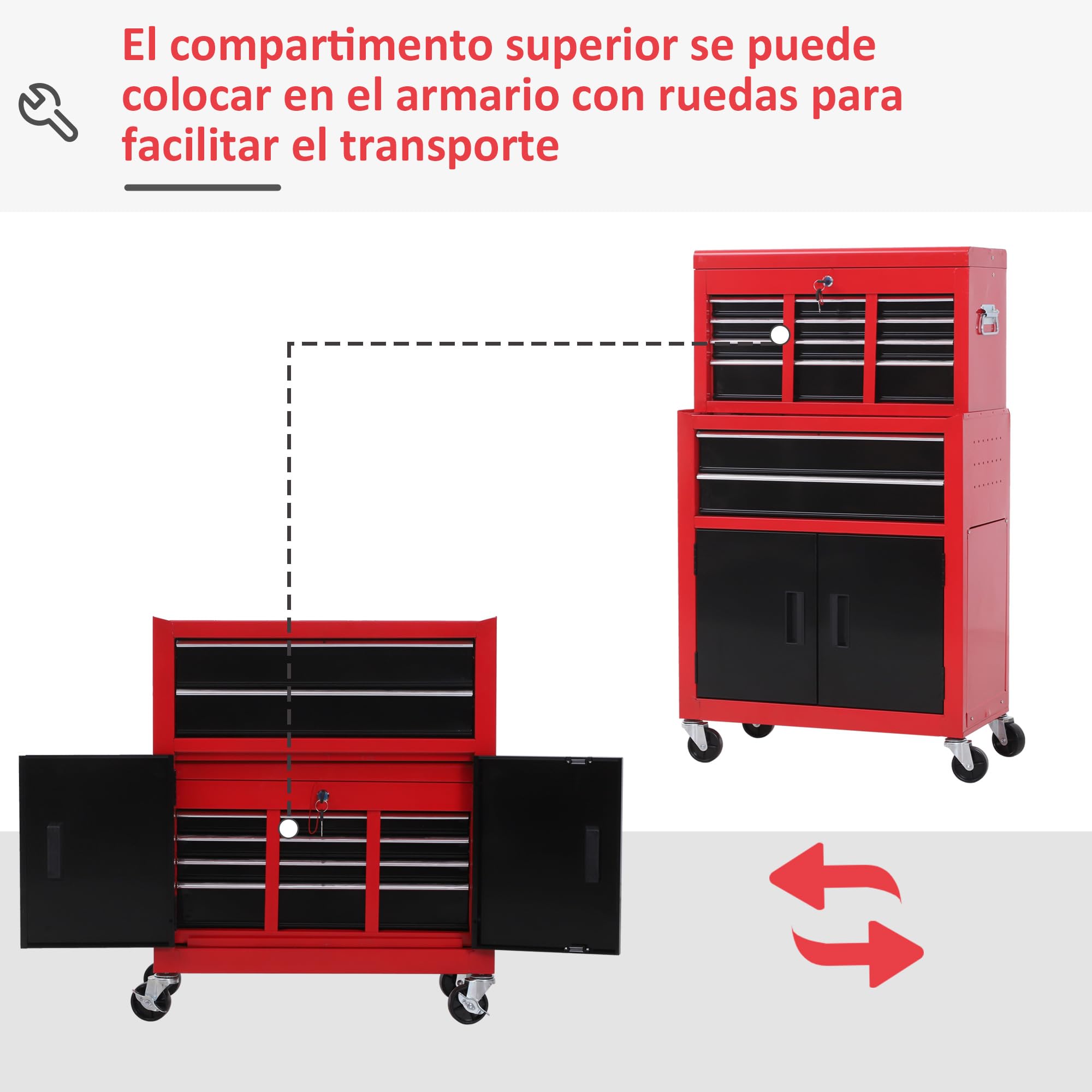 HOMCOM Carro de Herramientas con Baúl Superior, 2 en 1, Carro de Taller con 6 Cajones, Armario, Cerradura, 4 Ganchos, 2 Ruedas con Freno de Bloqueo, para Garaje, Hogar, Rojo