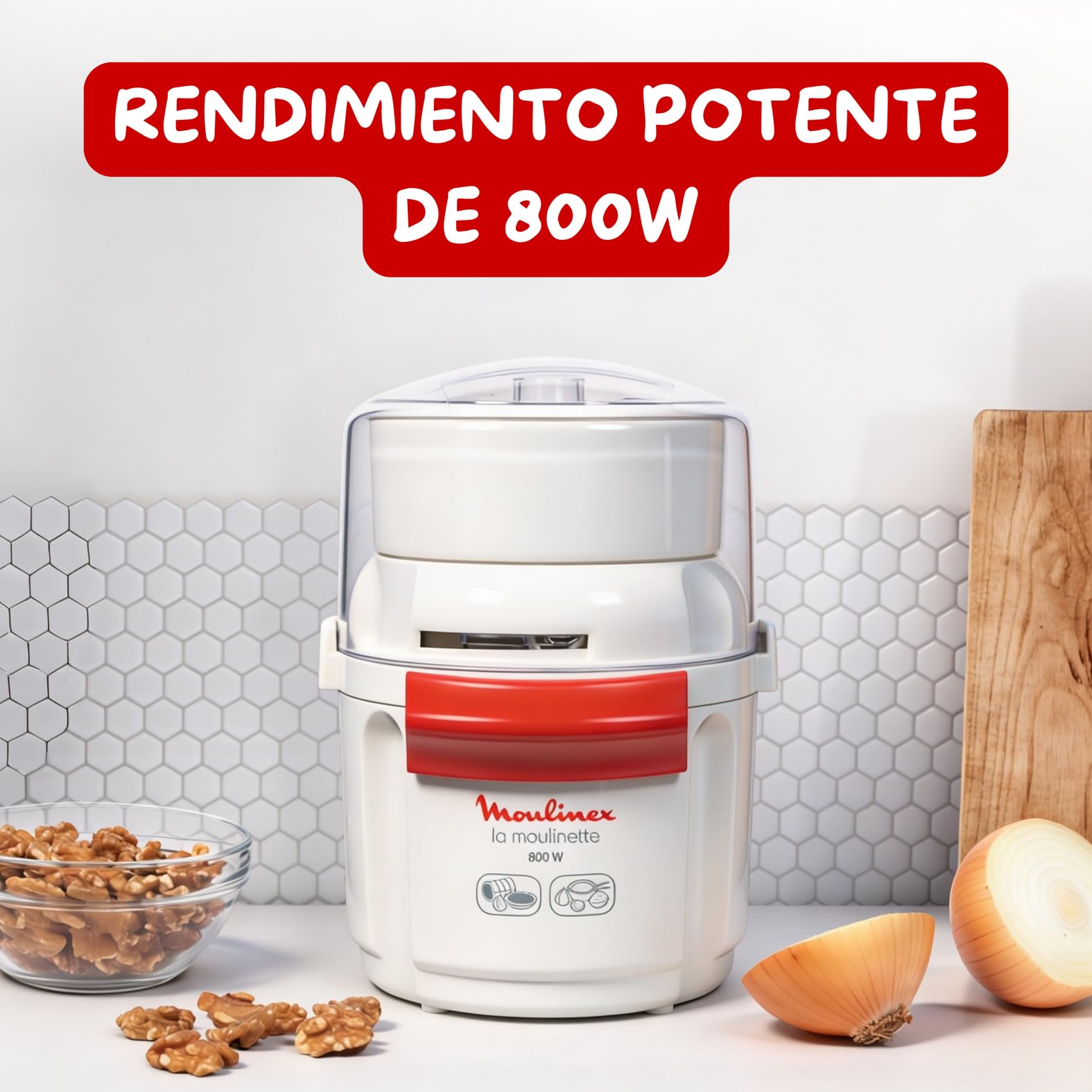Moulinex Picadora la Moulinette, picadora de 800 W, pica carne, verduras, frutos secos, queso, 200 gr capacidad, pica, corta o mezcla, sistema 1-2-3, cuchilla doble acero inoxidable, blanco, AD5601
